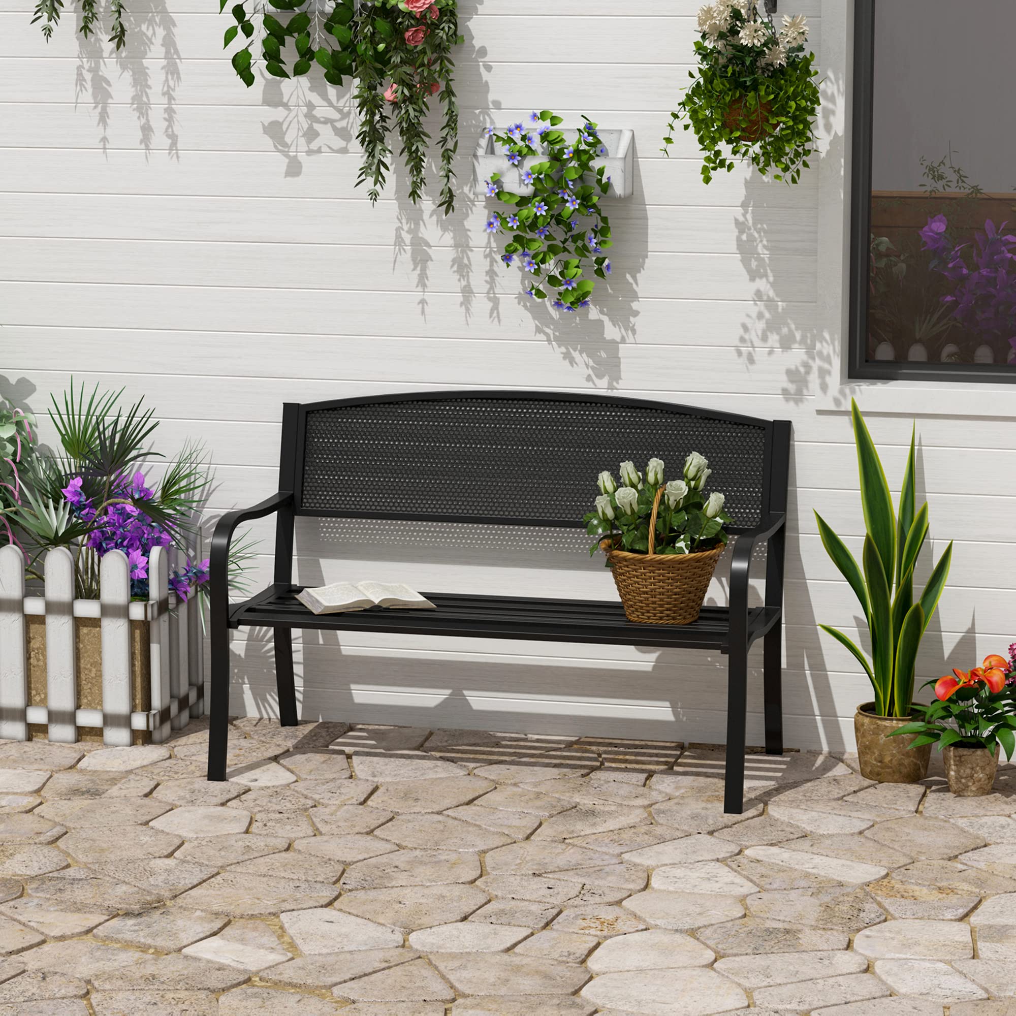 Outsunny Banco de Jardín de 2 Plazas Banco Exterior 127x60x87 cm Negro | Respaldo de Malla de Acero, Carga 240 kg, para Patio Terraza Balcón