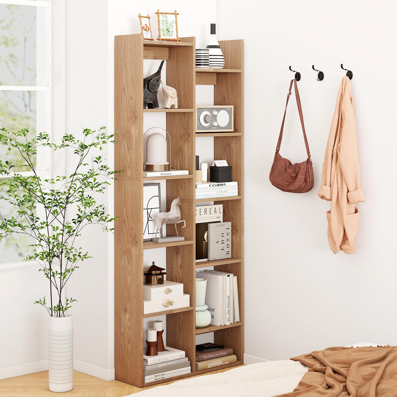 COSTWAY Scaffale in Legno per Libri, Libreria a 12 Ripiani con Kit Anti-Ribaltamento, Unità di Stoccaggio a Forma di Albero, Ideale per Casa Ufficio, 65 x 20 x 162 cm (Naturale)