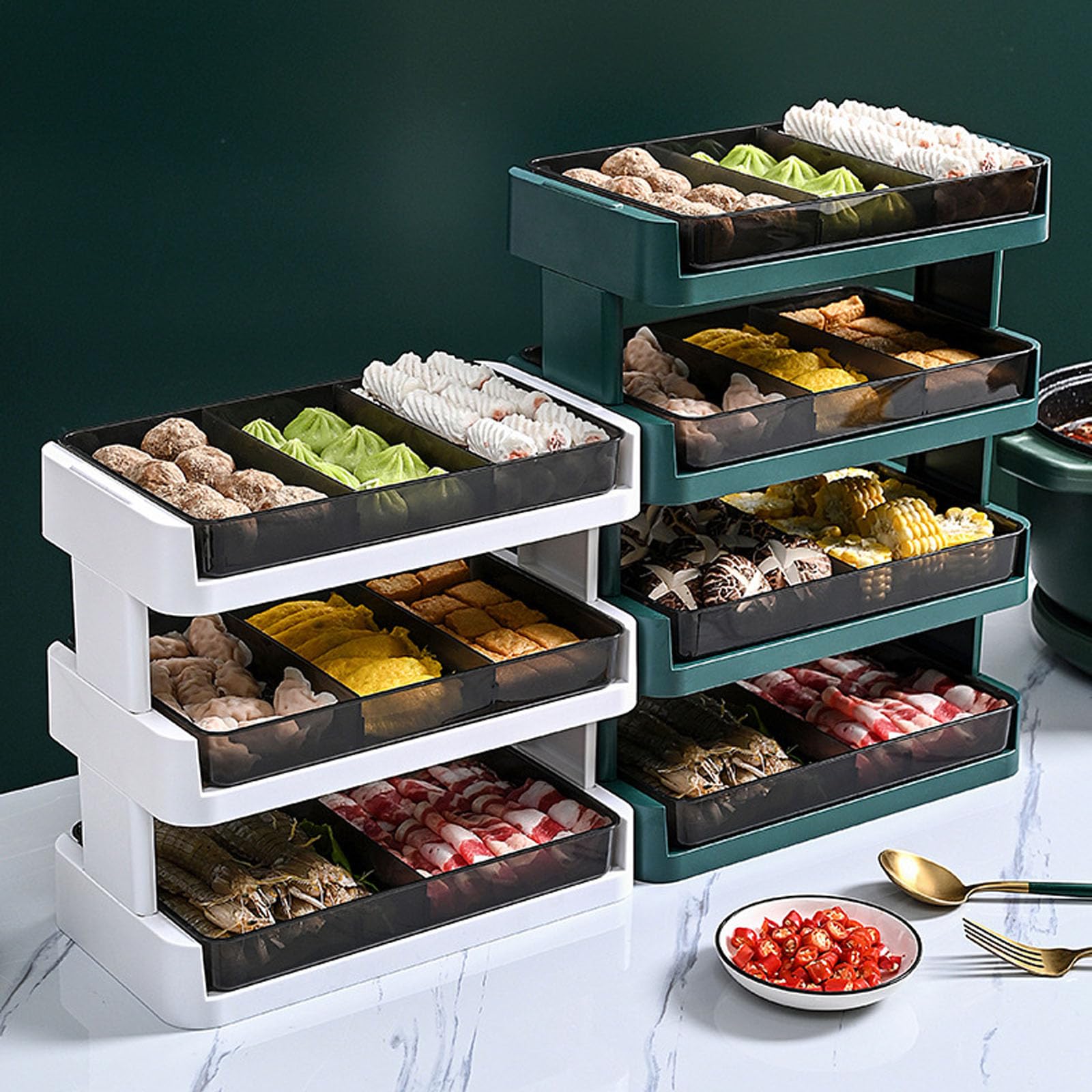Organizzatori da Cucina in plastica a più Livelli con Scomparti Multipli per la Preparazione e Lo stoccaggio degli Alimenti, Design salvaspazio Pianificatore Alimentare in plastica