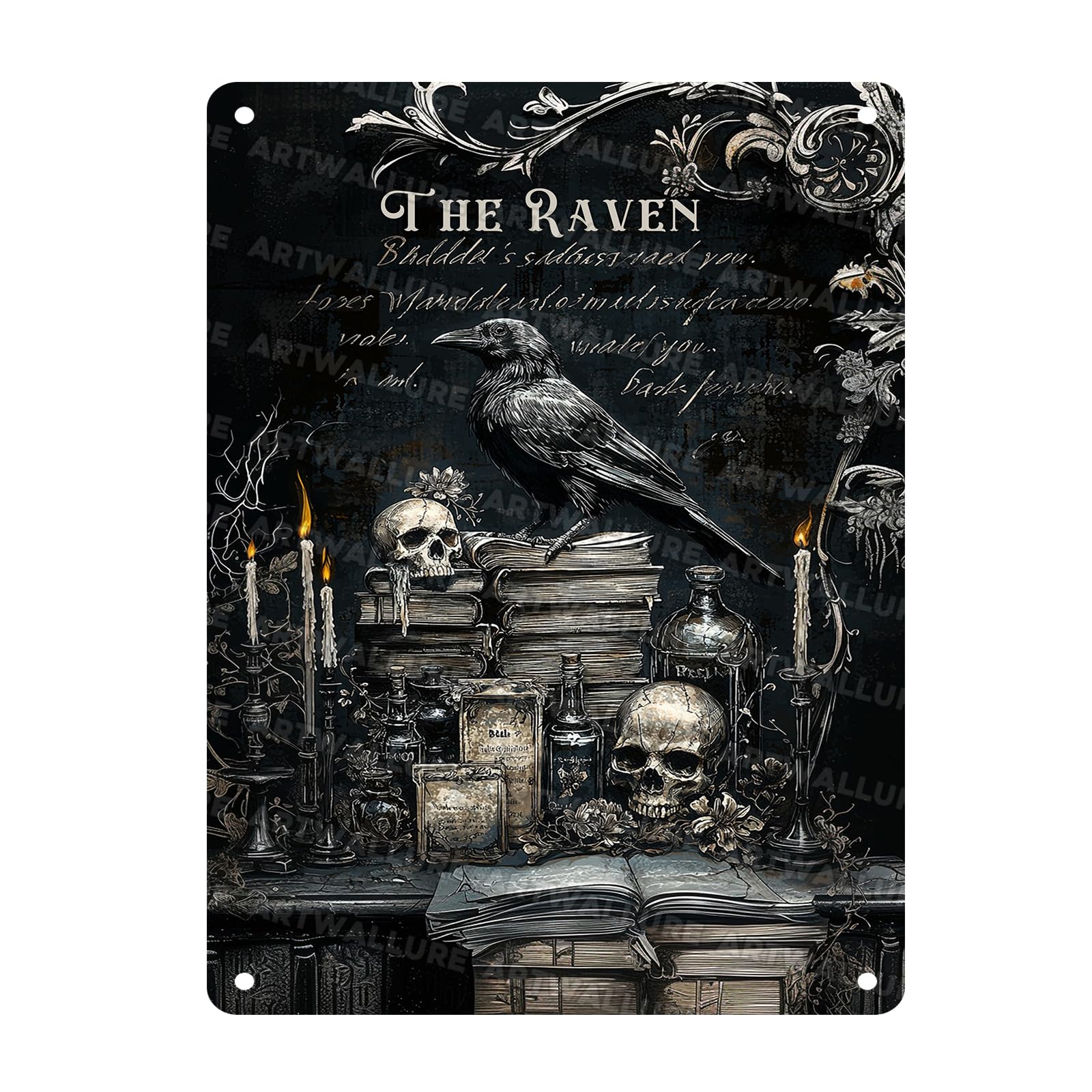 Gothic Crow Vintage Metal Sign Raven Wall Decor Skull Metal Poster Witchy Art Plaque Gothic Raven Decoration for Man Cave Funny Garage Bar Shed 12x16inch