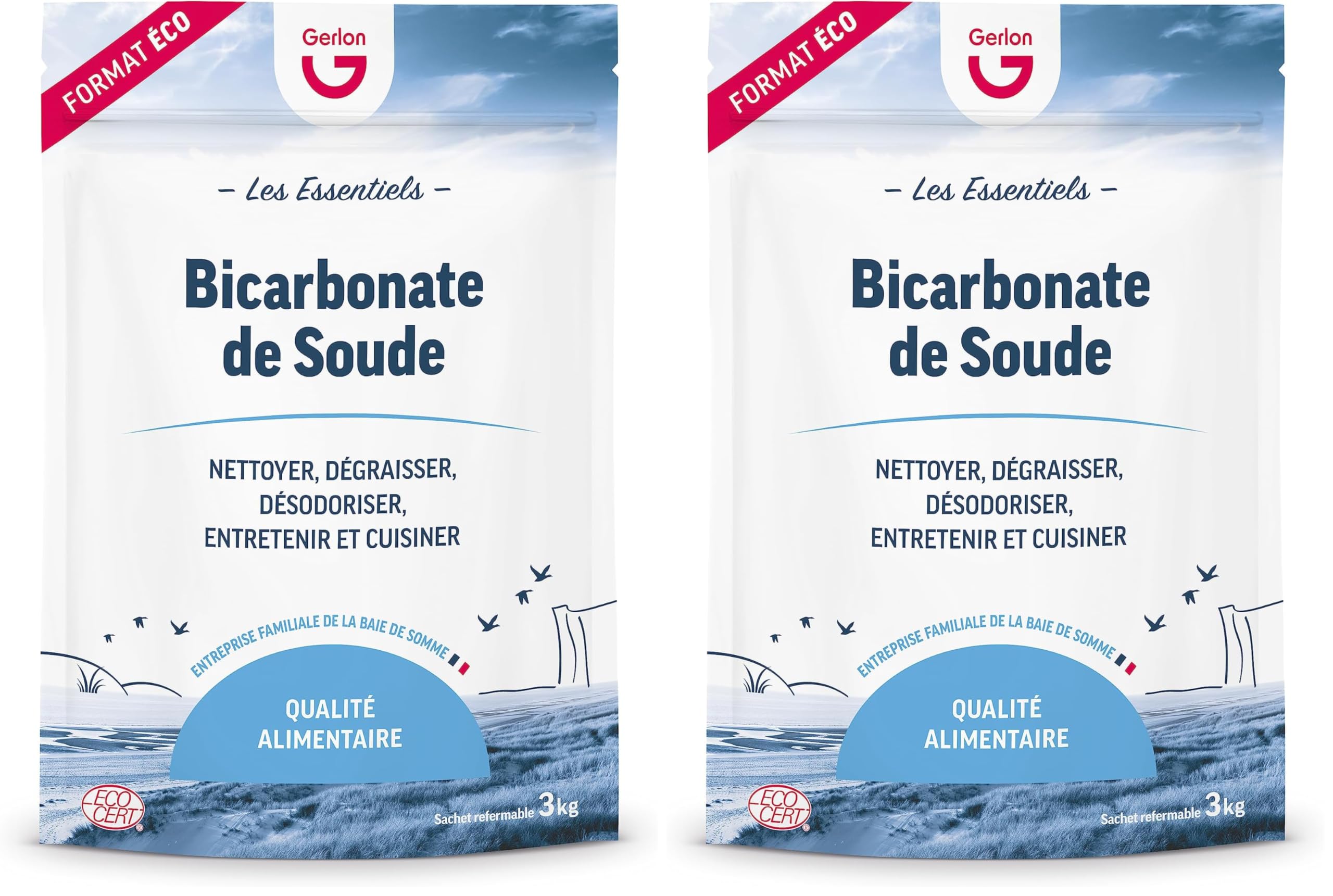Gerlon Bicarbonate de Soude Grand Format 3 kg – Format Pratique et Refermable – Ménager & Alimentaire - Fabriqué en France (Lot de 2)