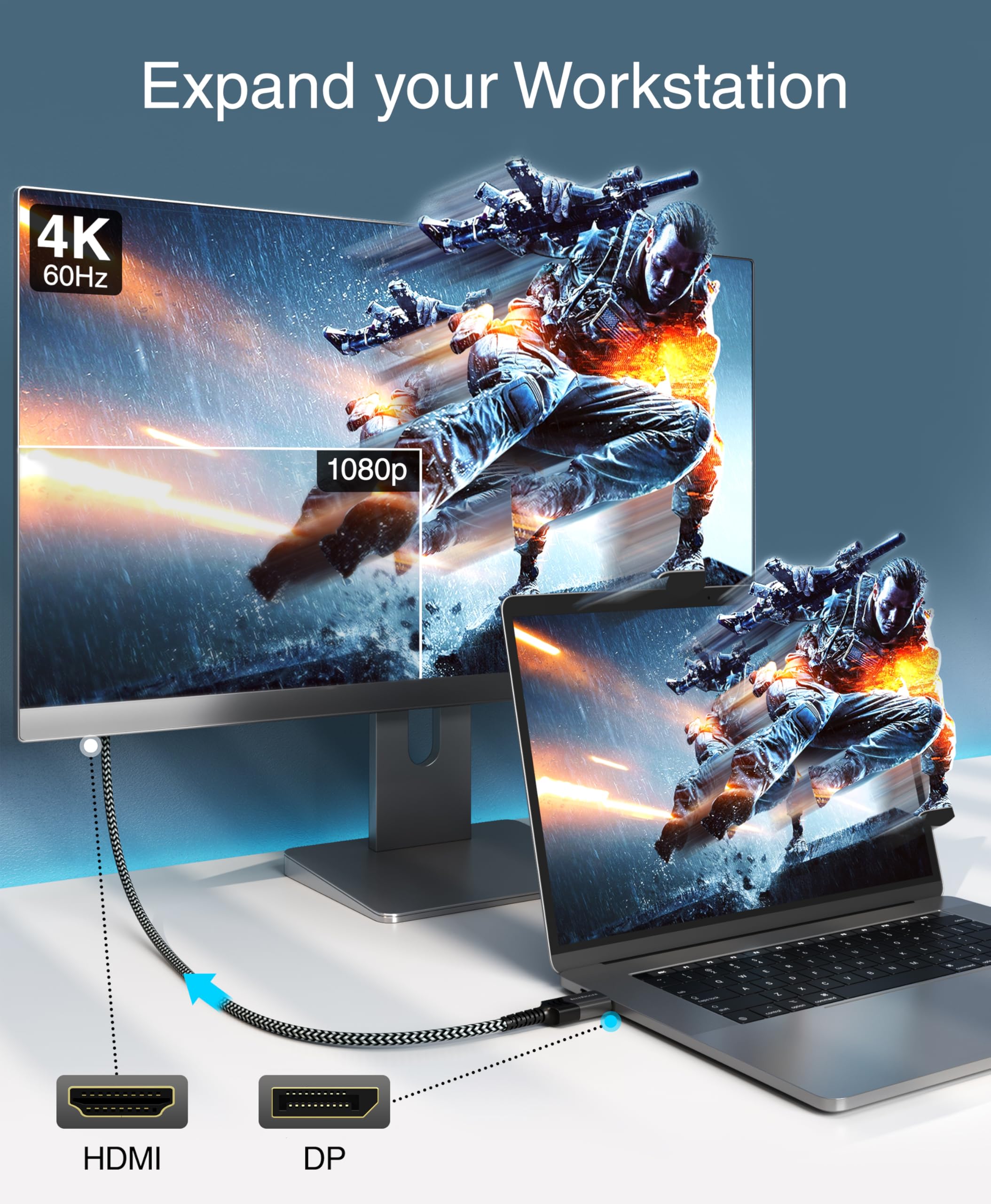 BlueRigger Câble DisplayPort vers HDMI - (3M, DP vers HDMI, 4K 60Hz, HDR, HDCP 2.2, affichage unidirectionnel vers HDMI, câble vidéo mâle) - Compatible avec PC, ordinateur portable, HDTV, moniteur,