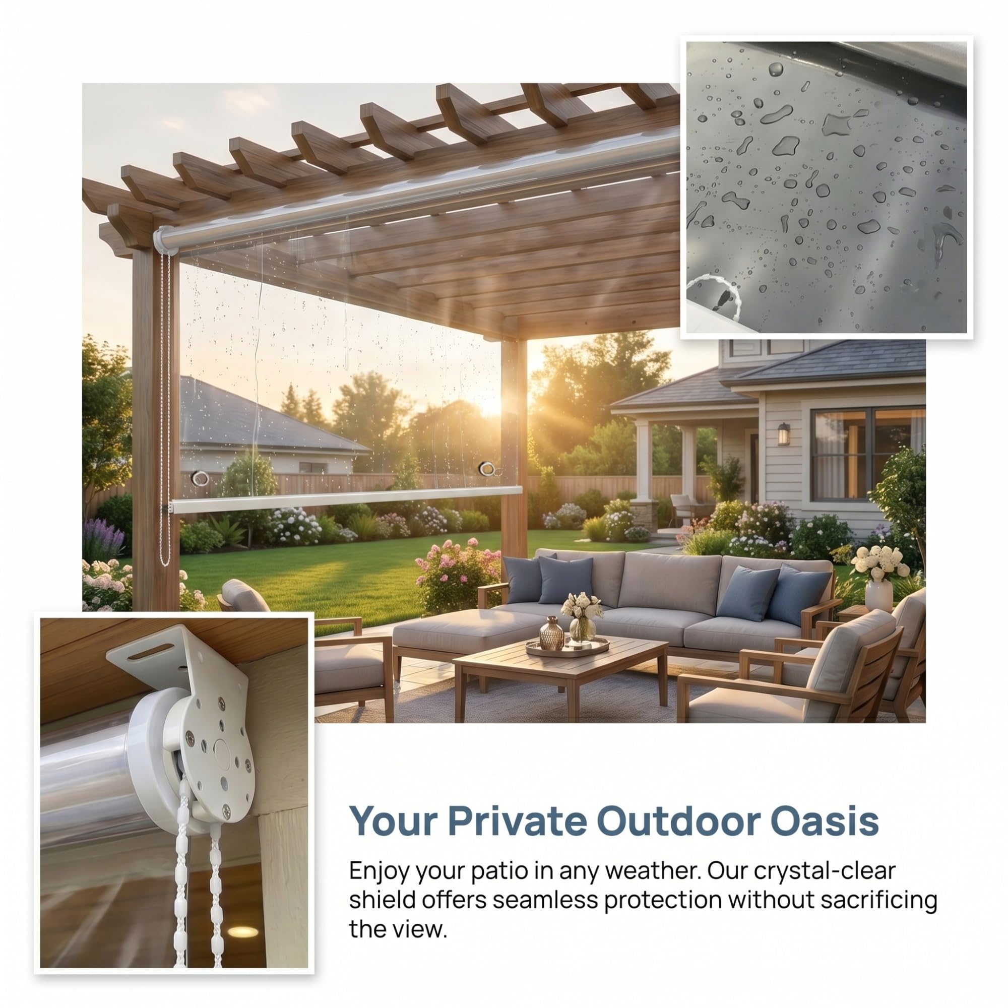 Tapparella Avvolgibile per Giardino Esterno,Tenda a Rullo PVC Impermeabile Trasparente,Antipioggia Isolamento Termico,con Accessori，con occhielli，Personalizzabile(W140*H160cm/W55.11*H62.9in)