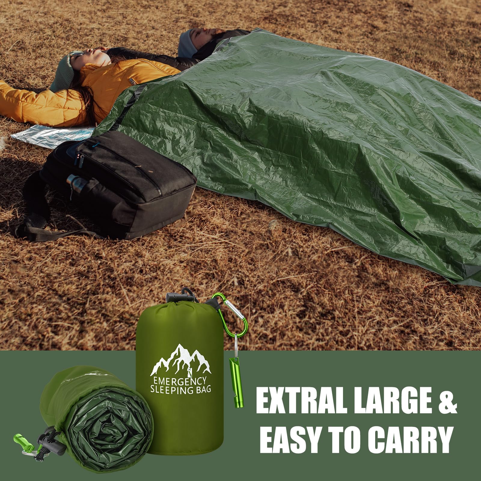 Oudain XL Notfallschlafsack, 240 x 125 cm, wasserdicht, Überlebensschlafsack mit Pfeife, Karabiner, tragbar, Thermo-Bivysack, Notfalldecken für Camping, Wandern, Outdoor, 6 Stück