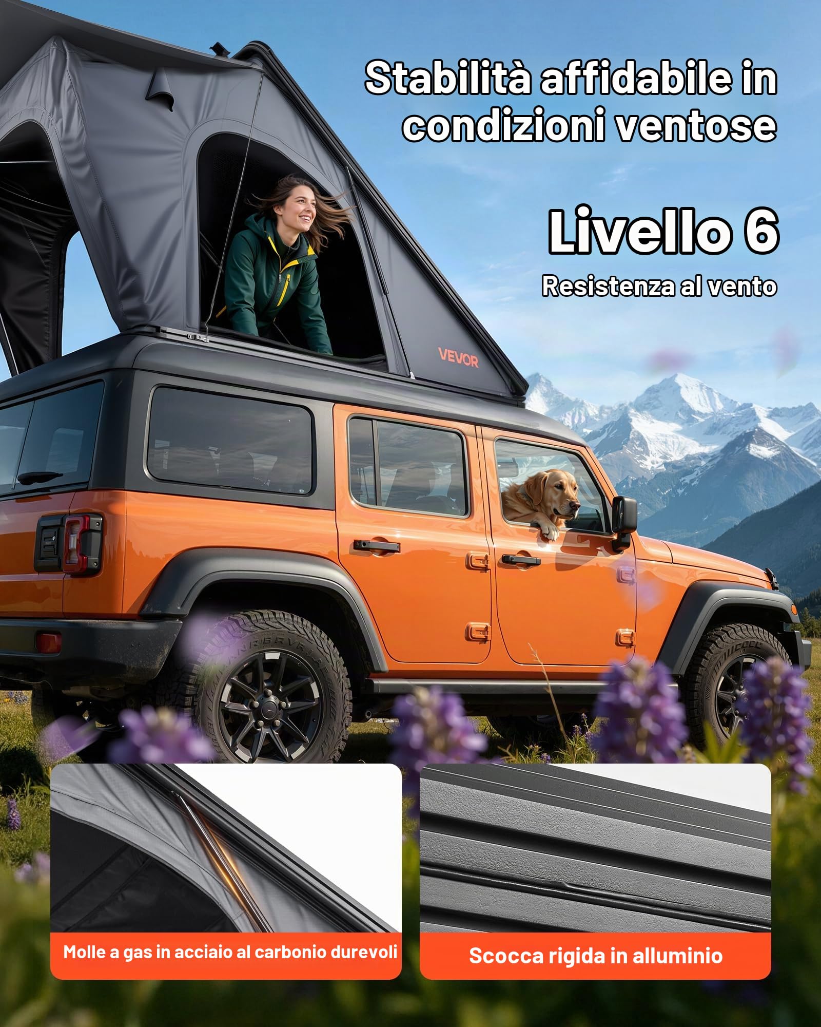 VEVOR Tenda da Tetto per Auto per Campeggio Viaggio Capienza ca. 2-3 Persone, Tenda Sopra Auto Telaio in Alluminio con Illuminazione LED Finestra Scala Carico 150 kg, Impermeabile per Jeep SUP