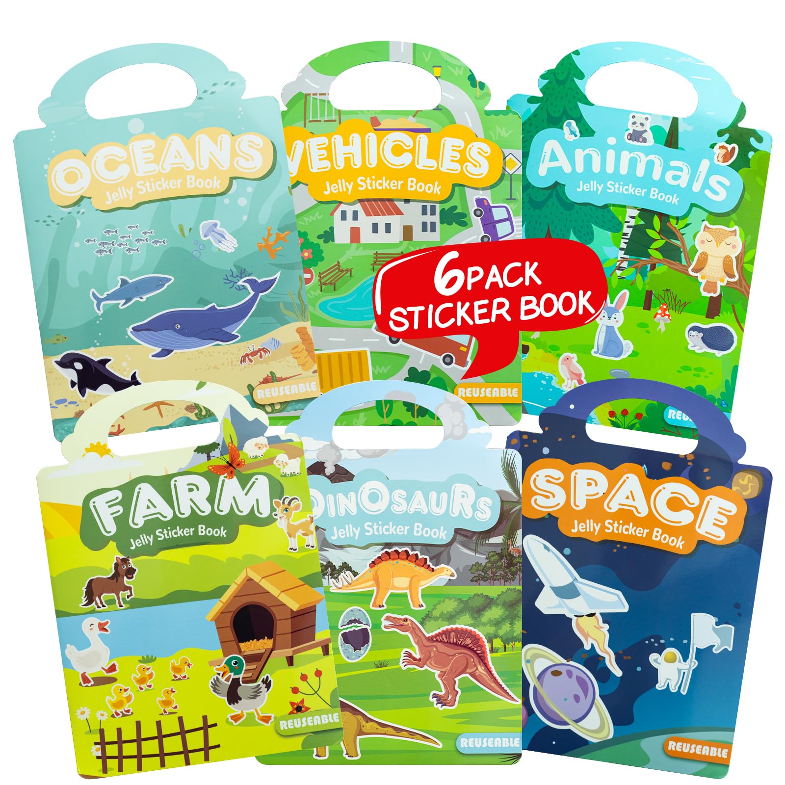 6 Sets Reusable Sticker Book for Toddlers 3-4 Years, Jelly Sticker Books for 5-6 Years, Toddler Travel Toys for Boys Girls