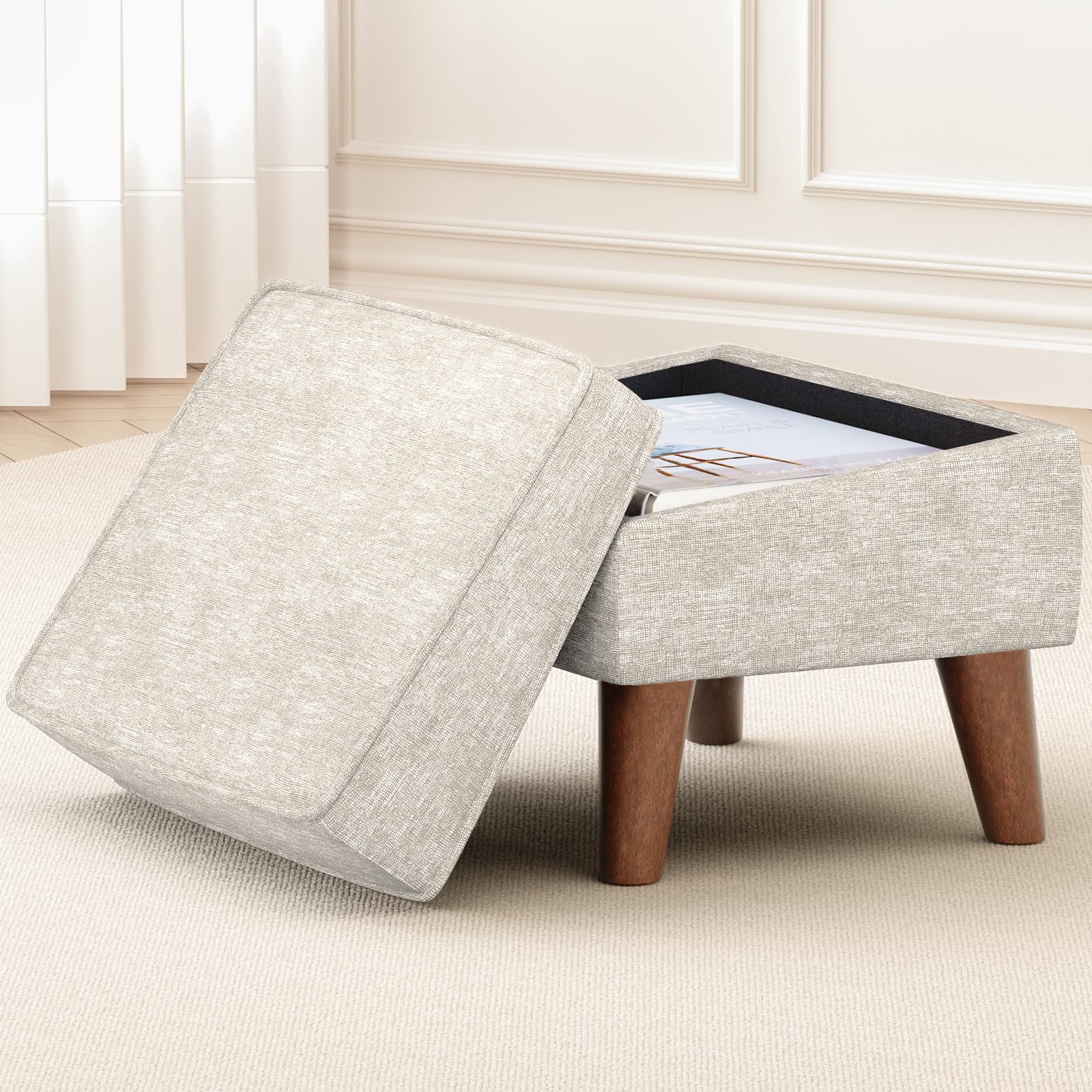 Ottoman Foot Rest, Small Footstool Ottoman with Storage, Modern Foot Stool with Adjustable Lid and Sturdy Wood Legs for Living Room, Bedroom, Couch, Enterway (Beige)