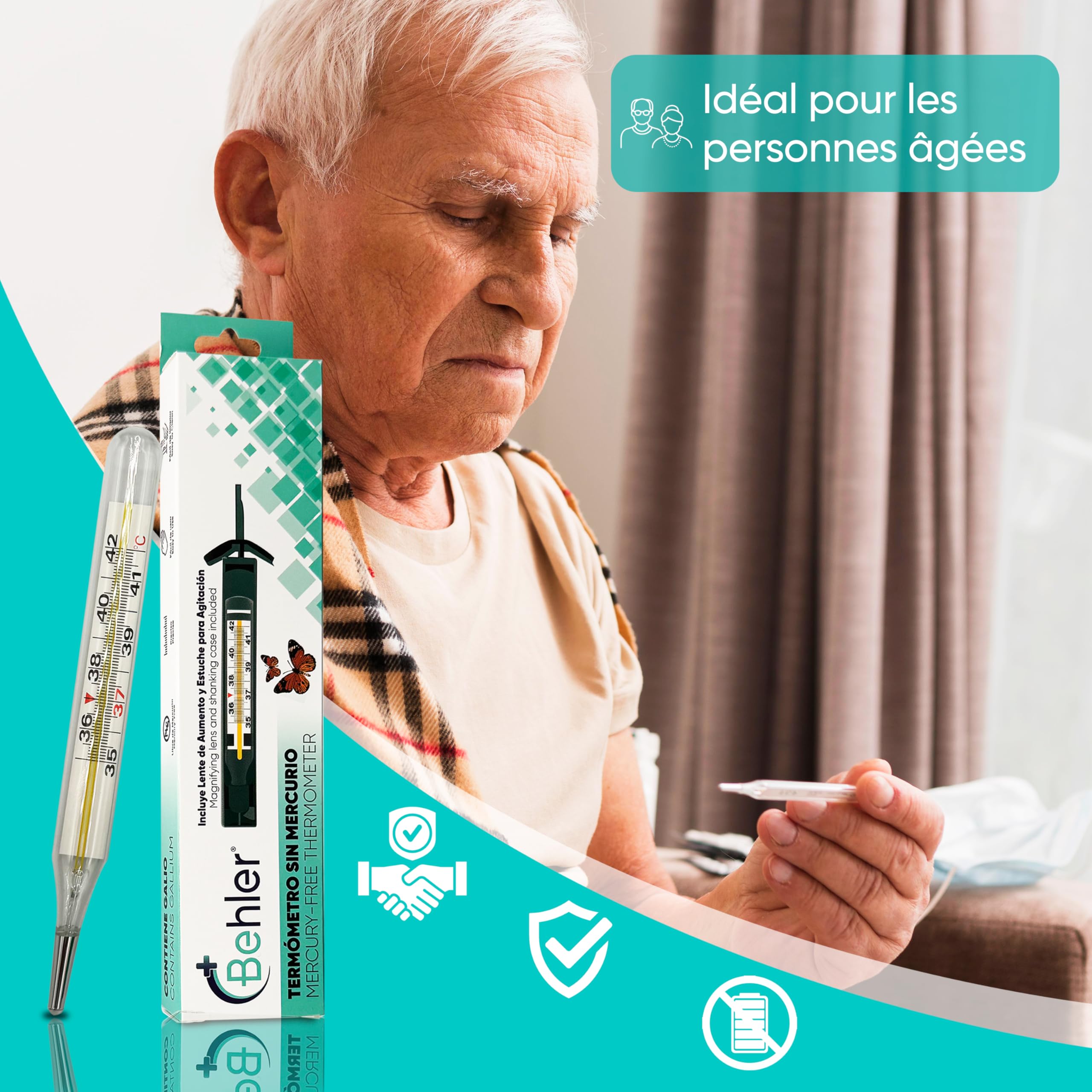 Behler - Thermomètre au Gallium - Sans Mercure, Sûr et Précis, Sans Piles - Thermometre en Verre - Pour Enfants et Adultes - Inclut Loupe et Étui d'Agitation - Usage médical et domestique