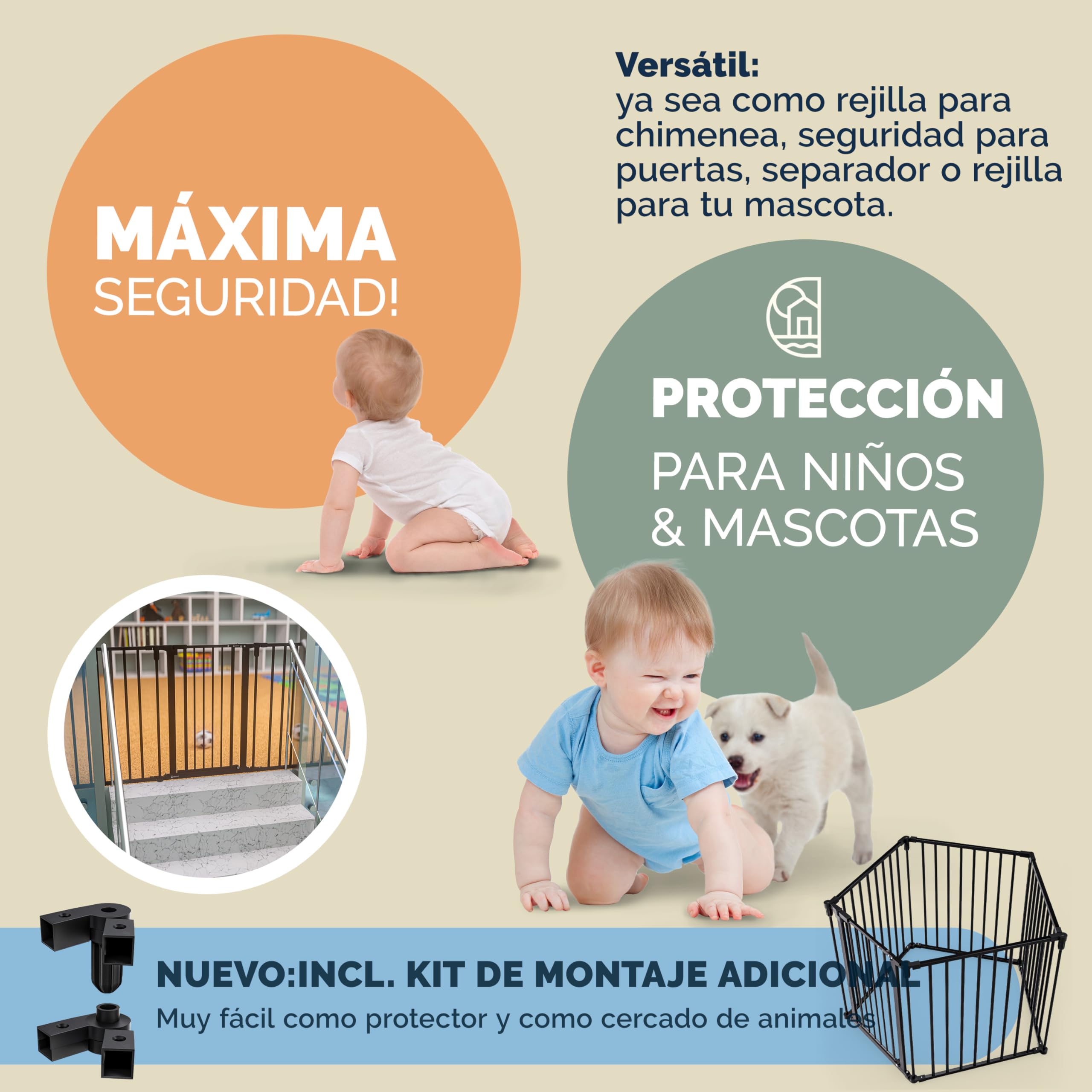 CASARIA Barrera de Seguridad Niños y Mascotas 306x76cm | 76Cm Altura, 10Kg, Acceso Seguro, Estable, Resistencia Calor, Ahorra Espacio, Rejilla Protector Chimenea, Puerta