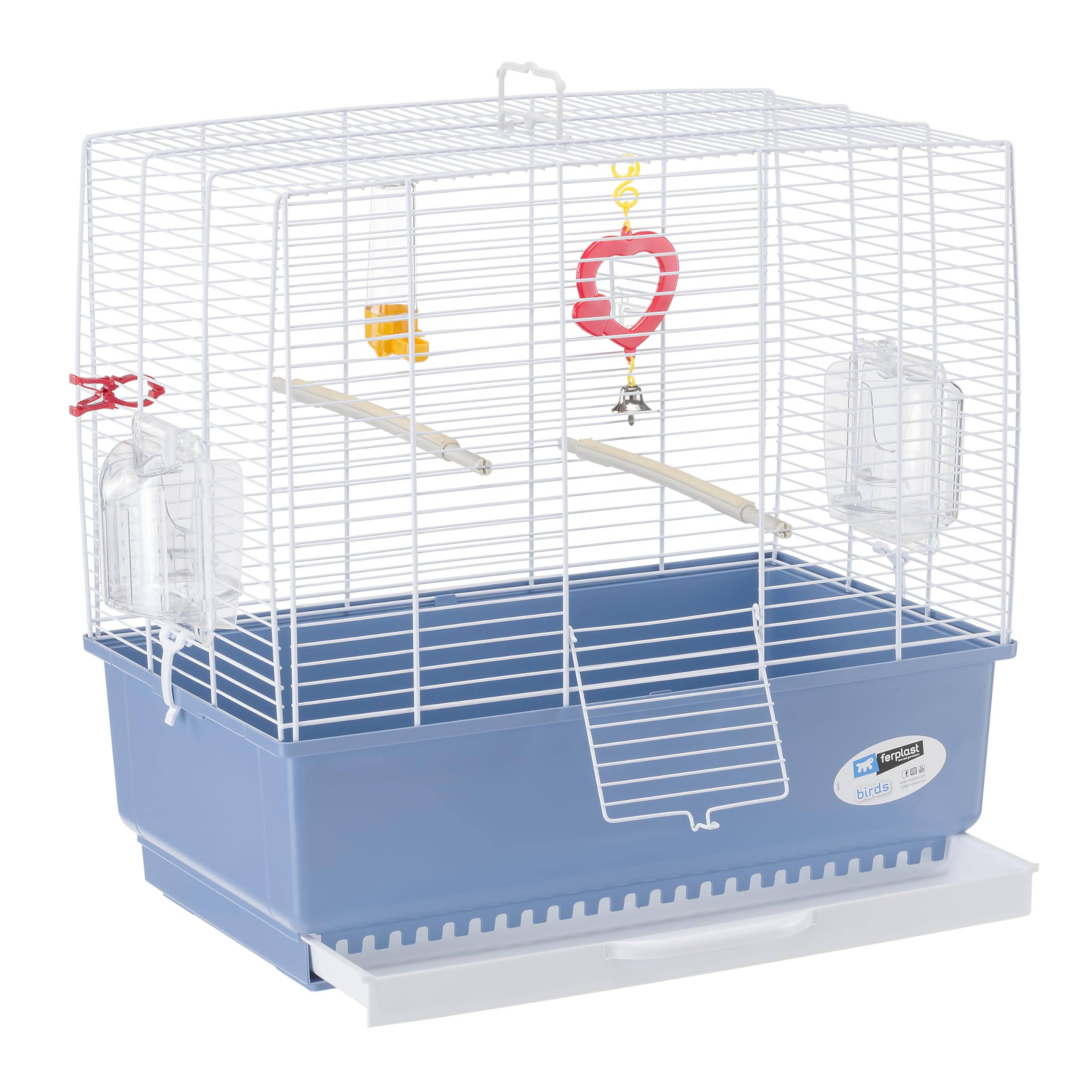 Ferplast Jaula Rectangular para pájaros exóticos y Canarios Rekord 3, con Accesorios y comederos giratorios, Robusto Alambre Pintado Blanco y cubeta de plástico Azul, 49 x 30 x h 48,5 cm