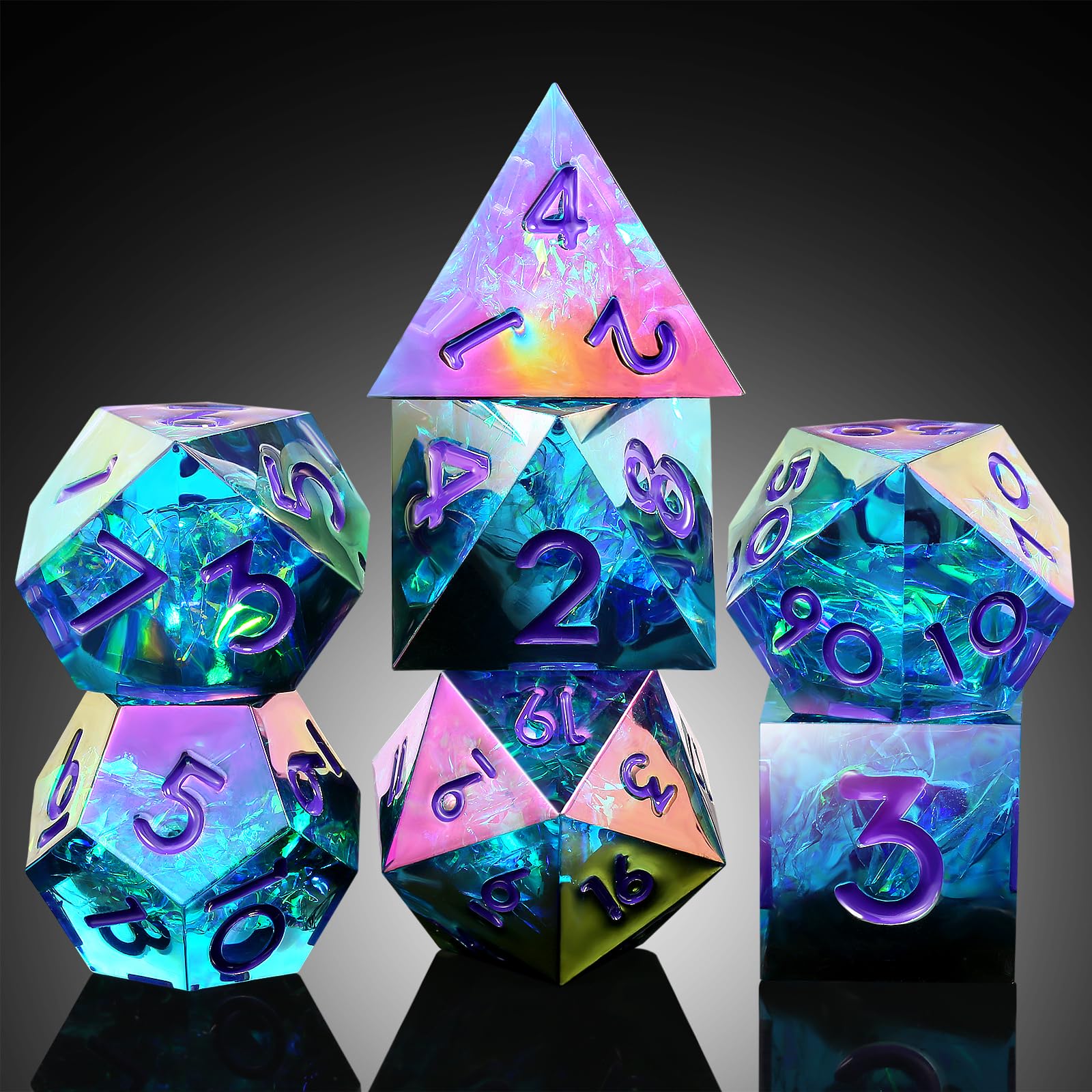 Iridescent Plating DND Dice, DNDND Handmade Resin Sharp Edge D&D Die with Gift Case for Dungeons and Dragon Tabletop Games (Iridescent Plating Green &