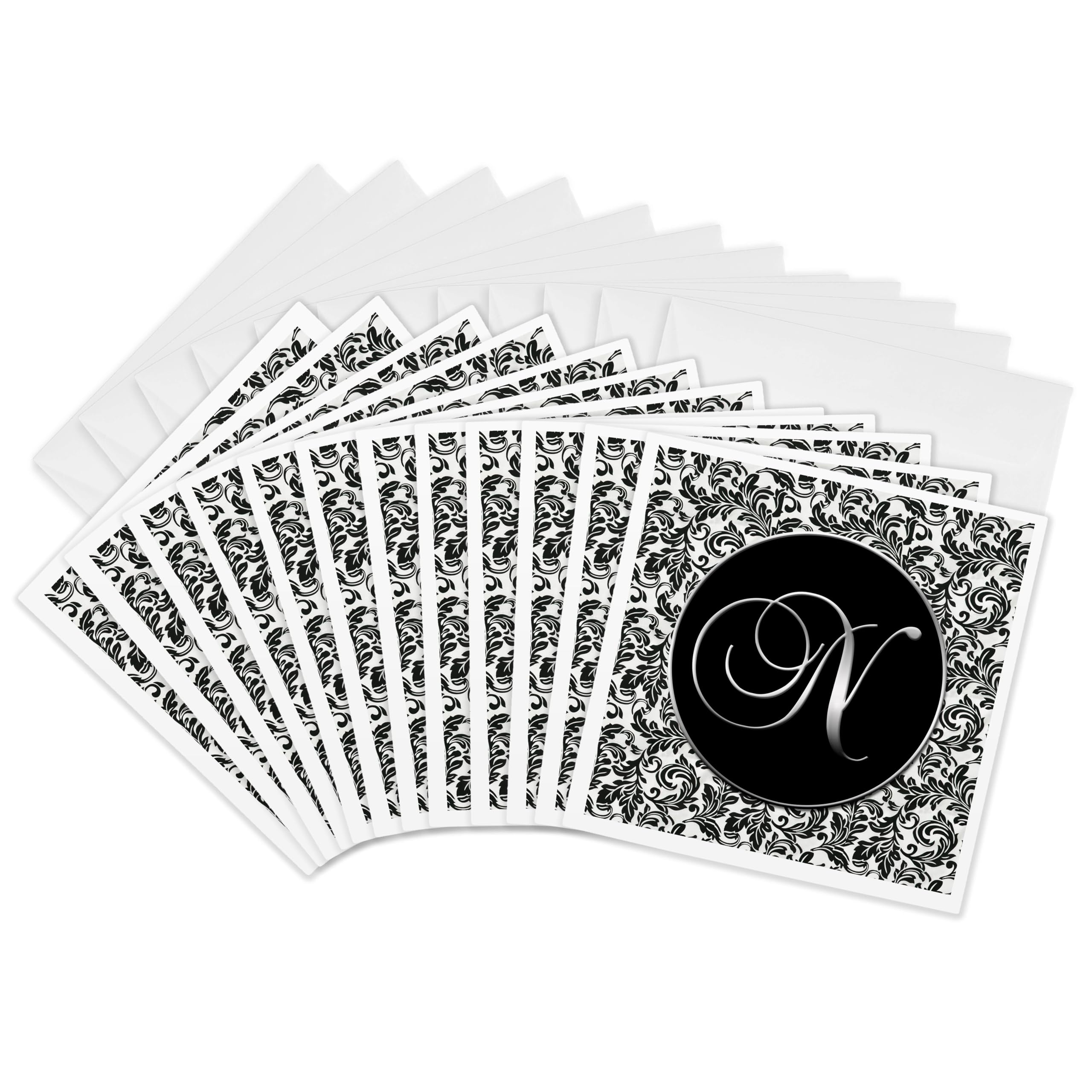 3dRose gc_38763_2 6 x 6-Inch "Letter N - Black and White Damask" Greeting Card (Pack of 12)