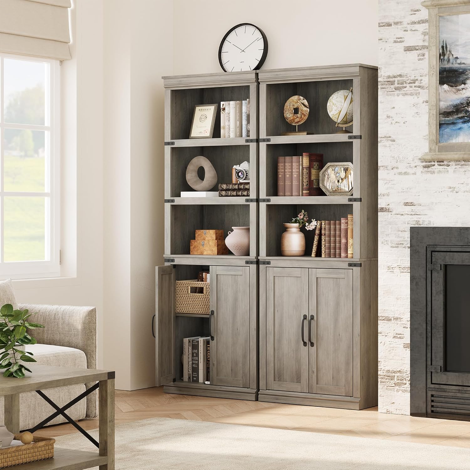 GAOMON 70 Inch Farmhouse 5-Tier Bookshelf with Doors, Grey Wooden Bookcase Storage Cabinet for Living Room, Bedroom, Office