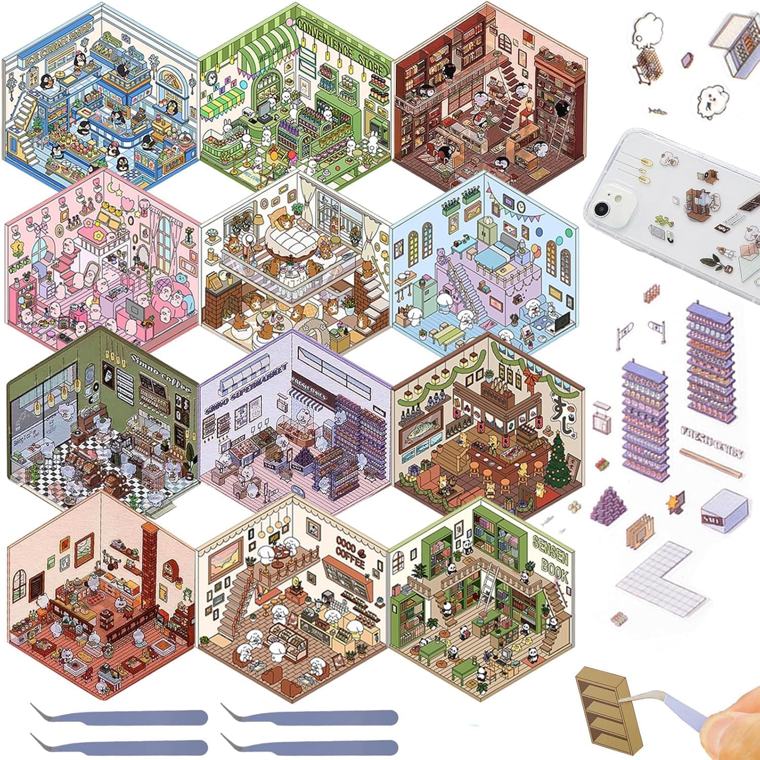 12PCS DIY 3D House Scene Stickers, Fun DIY 3D Sticker Scene Make Your Own Mini Room Supermarket, Cute Cartoon Miniature Scene Sticker Set, 3D House Stickers Quiet Book for Adults Kids Christmas Gifts