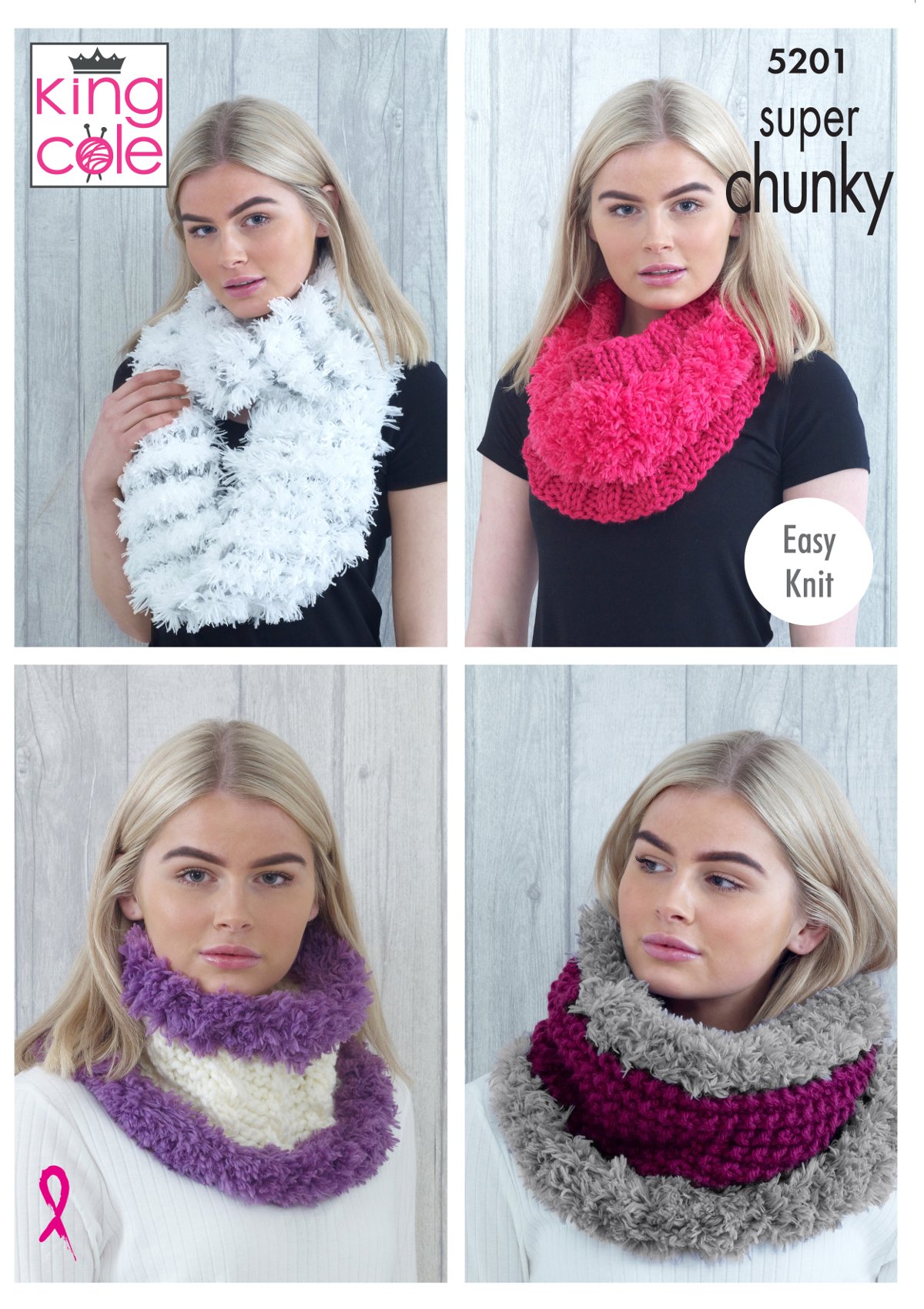 King Cole 5201 Knitting Pattern Easy Knit Cowls in Tufty and Big Value Super Chunky