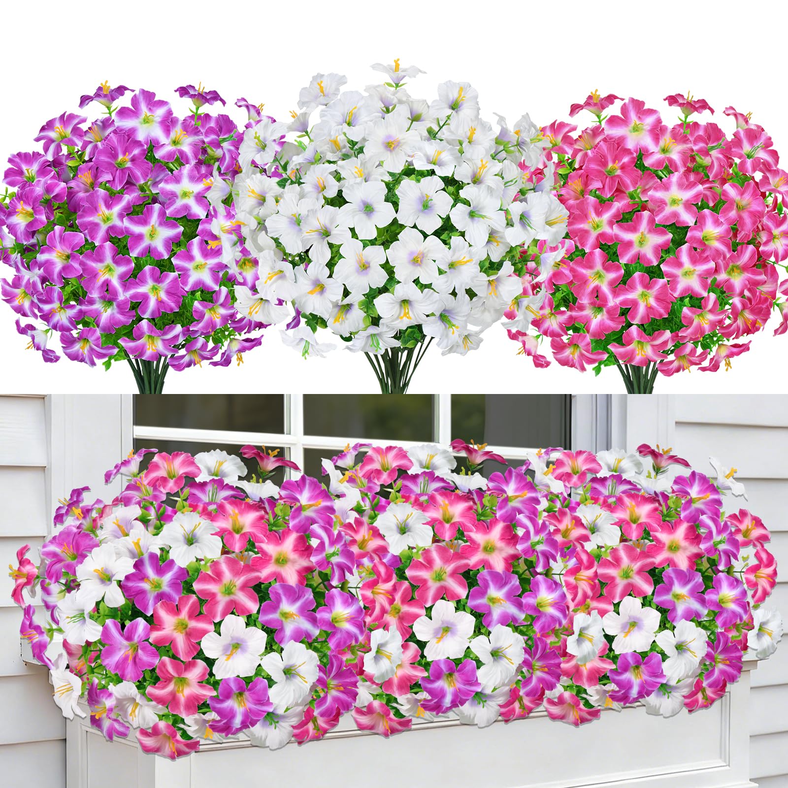 KUANINUNAR 12PCS Artificial Flowers Outdoor Fake Flowers Artificial Morning Glory Outdoor UV Resistant Silk Flower Faux Greenery Shrubs Plants for Porch Garden Terrace Window Hanging Decoration (Mix) — image 1