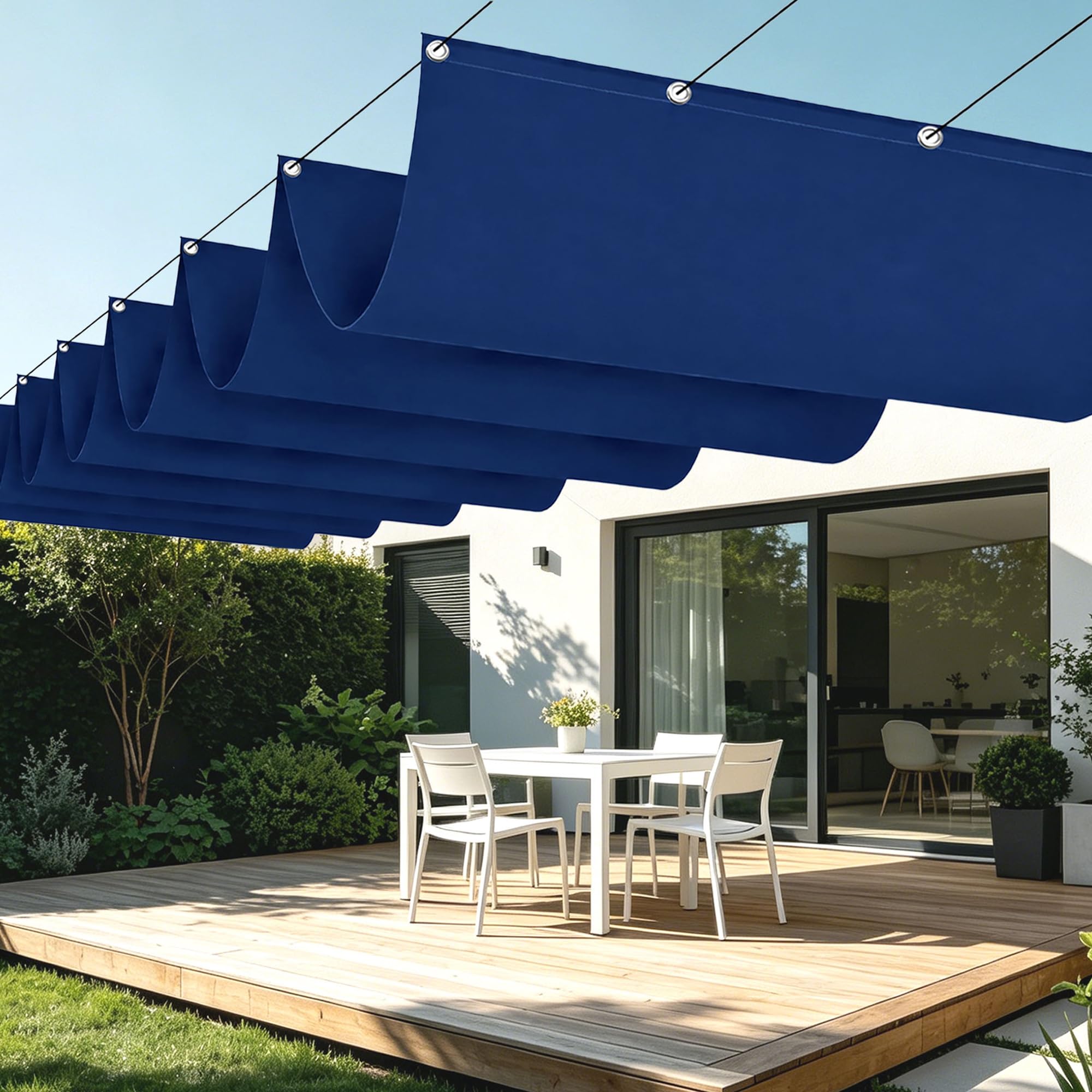 Voile d'ombrage rétractable vague bleu foncé haute protection UV extérieur