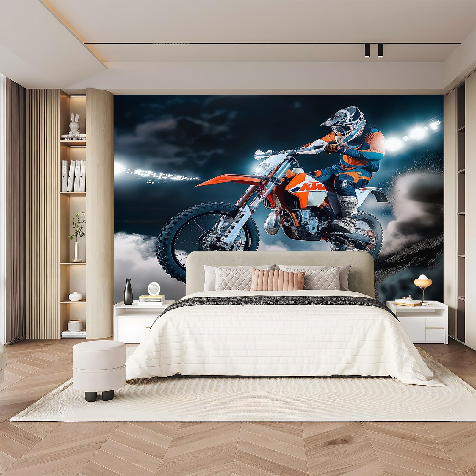 Fototapeta 350 x 256 cm, tapeta z włókniny, niebieska, ekstremalni motocykliści na skałach, nadaje się do dekoracyjnego korektora, salonu, sypialni, ściany tła telewizora