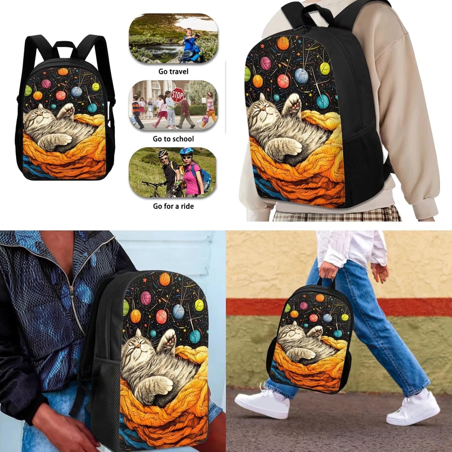 FOR U DESIGNS Cat and Colorful Yarn Backpack Sets for School Boys Bookbag and Lunch Box Set Kids 17" Elementary School Bag Multi Zipper Pockets 3 Piece