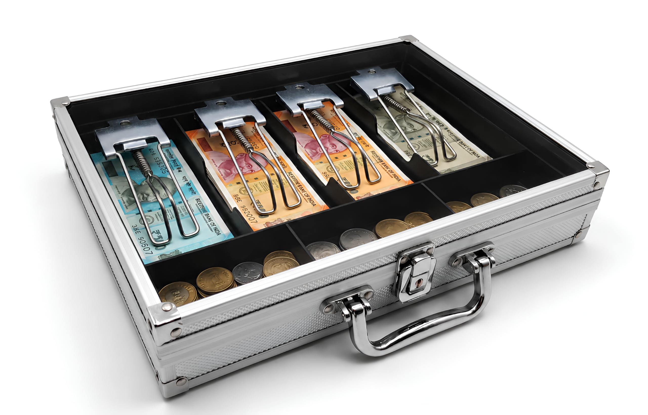 Breewell Aluminium Cash Box with Currency Clips and Coin Tray | 4 Note Compartments, Coin Storage Tray, Spring Clip Holders, Lockable Latch, Carry Handle-image-4