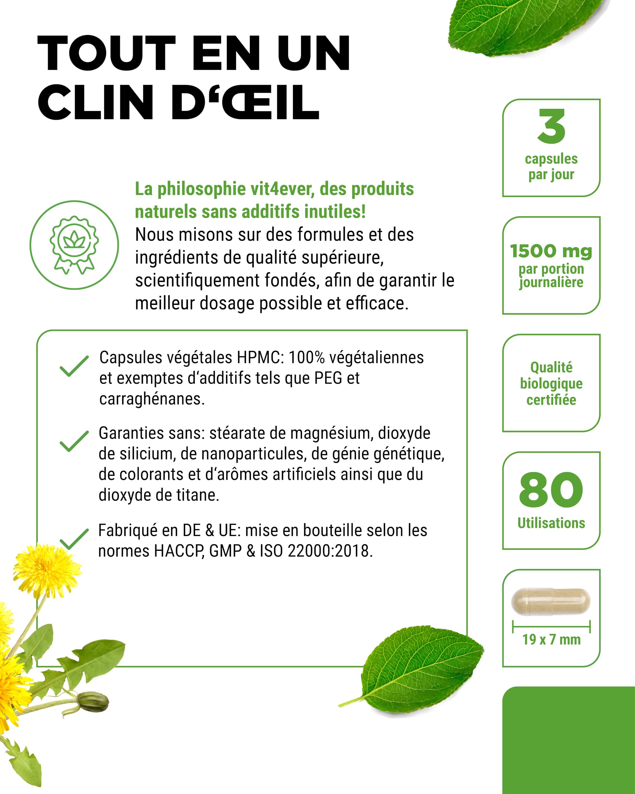 Pissenlit bio – 240 gélules – 1500 mg d'extrait de racine de pissenlit - Rapport 10:1 hautement dosé - Extrait véritable de Taraxacum officinale - Sans additifs – Vegan