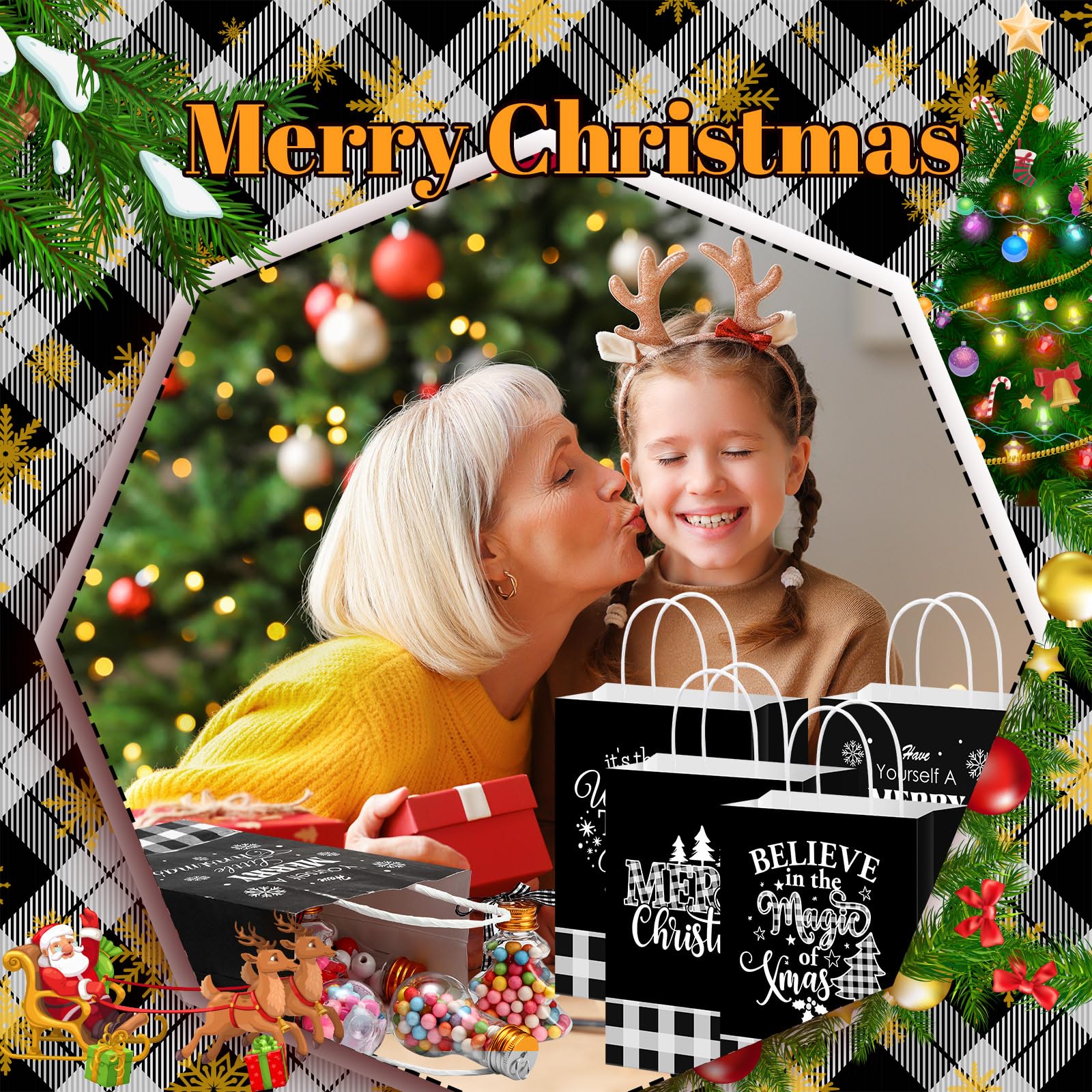 Qilery 100 Stück Weihnachts-Büffelkarierte Papier-Geschenktüten mit Griff, kariert, Partygeschenktüten für Weihnachten, Urlaub, Geschenke, Verpackung, Partyzubehör, Dekoration (schwarz und weiß)