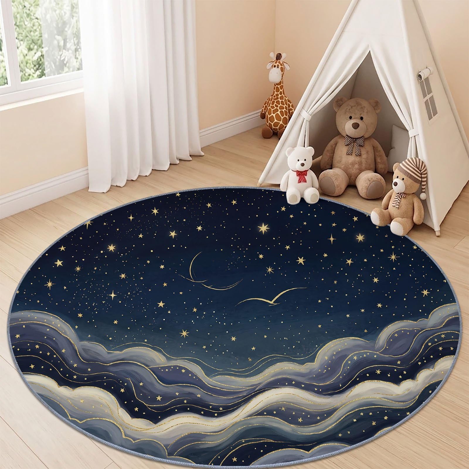 Tapis Rond Fantaisie Espace 120 cm, Étoiles Lune Ciel Vagues Lavable en Machine pour Salon, Antidérapant, Imprimé pour Salle à Manger Chambre d’Enfant Nurserie, Bleu