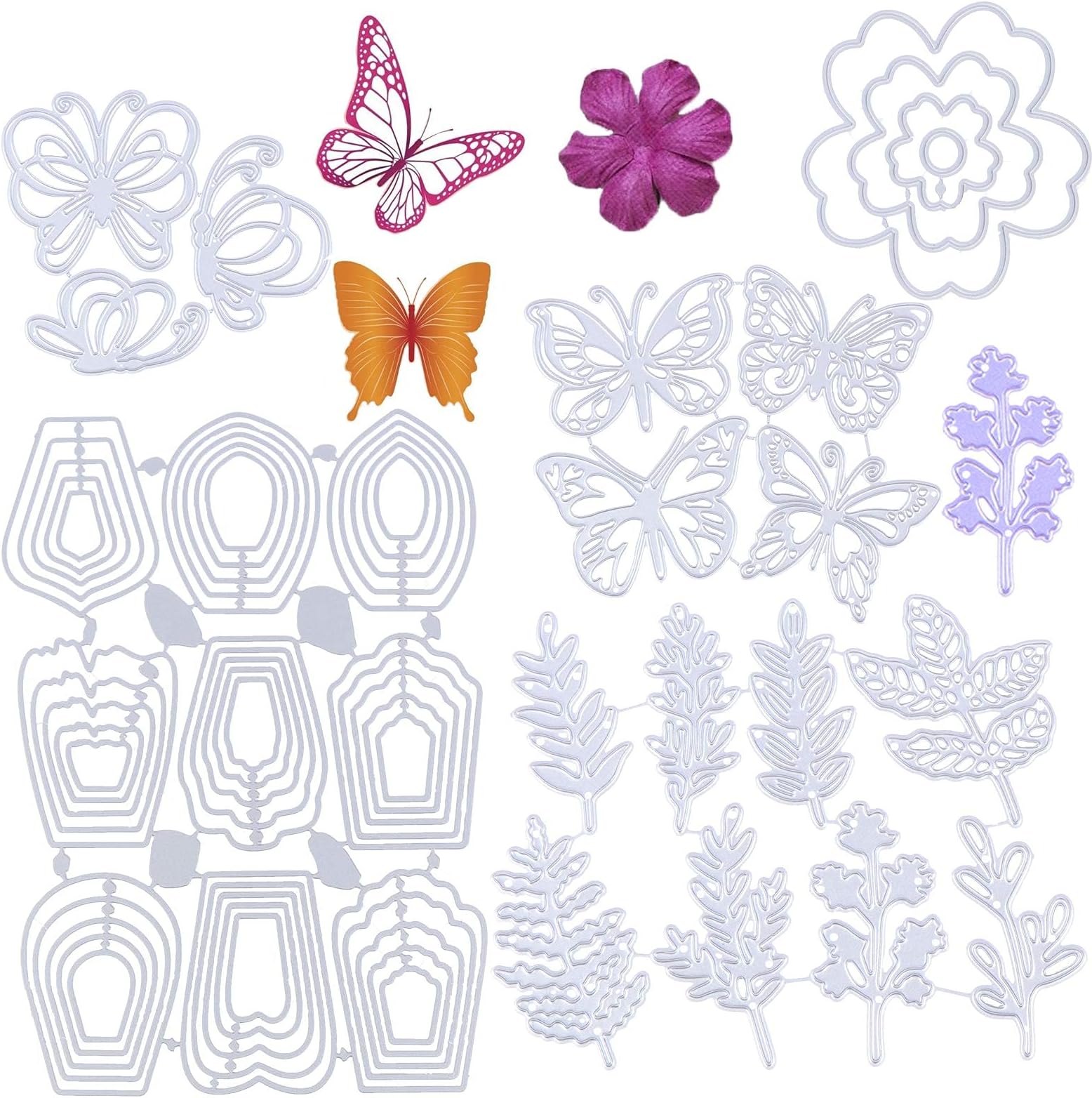 PHIMINNEX 25 Pcs Cutting Dies DIY Embossing Moulds 3D Stencil Template Metal Cut Dies for Scrapbook Album Paper Card Dies Decoration 1 Flower 7 Butterfly 8 Leaves 9 Circles Mold for Art Craft Gift