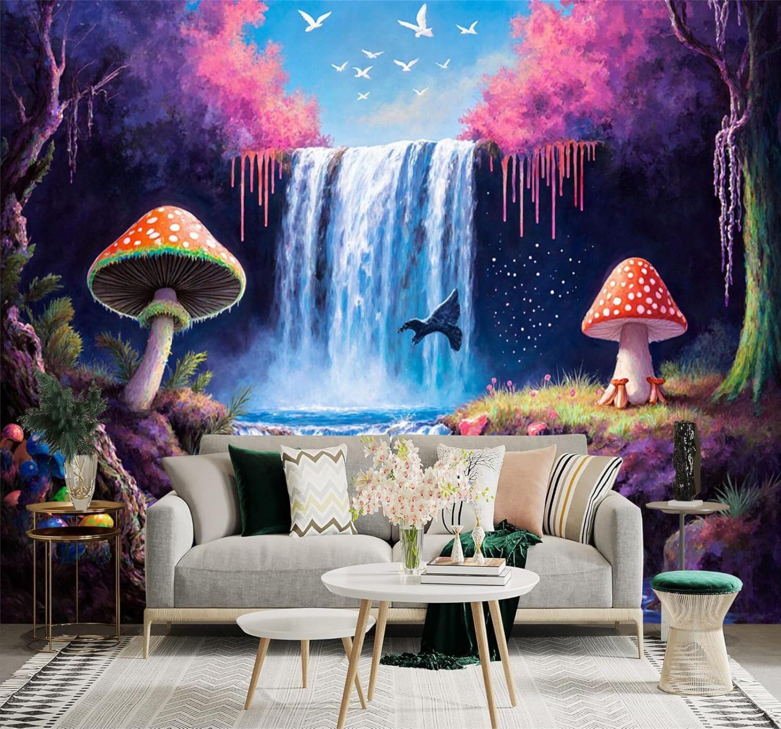 Tzxztt Fantasy Waterfalls Colourful Mushrooms Birds Pink Trees Modern 3D Wallpaper Premium Textured Silk Neutral Tones Material Ideal for Living Room Bedroom-430cm×300cm