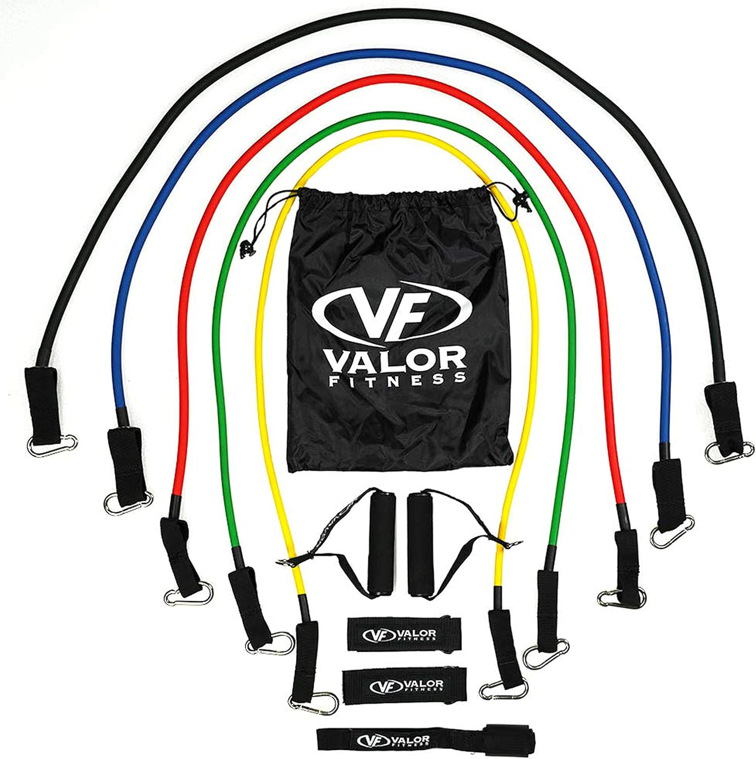 Valor Fitness Resistance Band Set - Stackable Workout System - 5 Heavy Duty Stretch Tube Bands with Handles, Ankle Straps, Door Anchor & Storage Bag