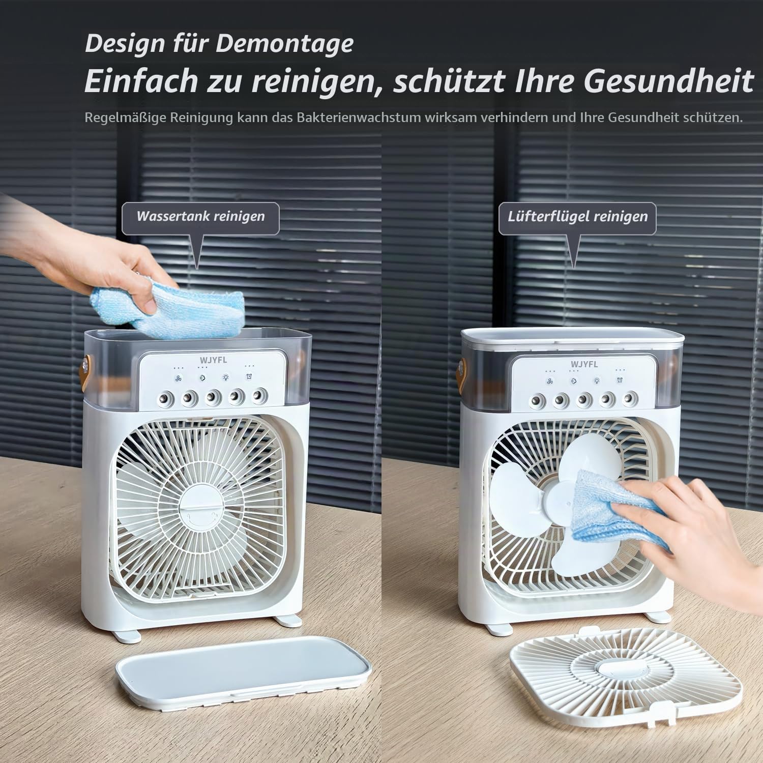Mini Luftkühler mit 5 Sprühdüsen, 3 Sprühstufen und 600-ml-Wassertank | USB-betriebener Tischventilator mit 3 Windstufen, 1/2/3-Std.-Timer und 7-Farben-LED-Effekt für Büro und Schreibtisch
