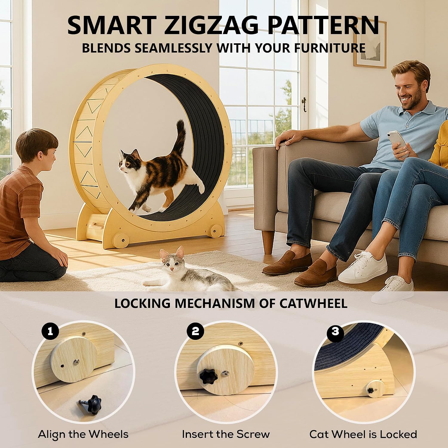 Portable Cat Running Wheel for Indoor Cats 44" Large XL 12" Wide, Cat Treadmill, Wheel with Carpeted Runway for Kitty’s Longer Life, Moveable Safe & Stable Design.