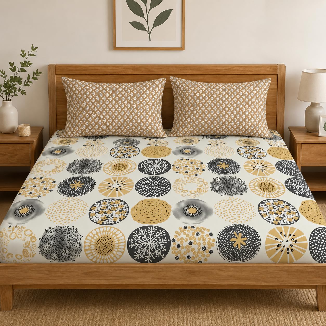 LOOMLYFE 300 TC Cotton Feel Glace Cotton Elastic Fitted Printed King Size Double Bed Bedsheet with 2 Pillow Covers Fits Upto 8 inches Mattress, Size- 72X78 Inches, BeigeDots
