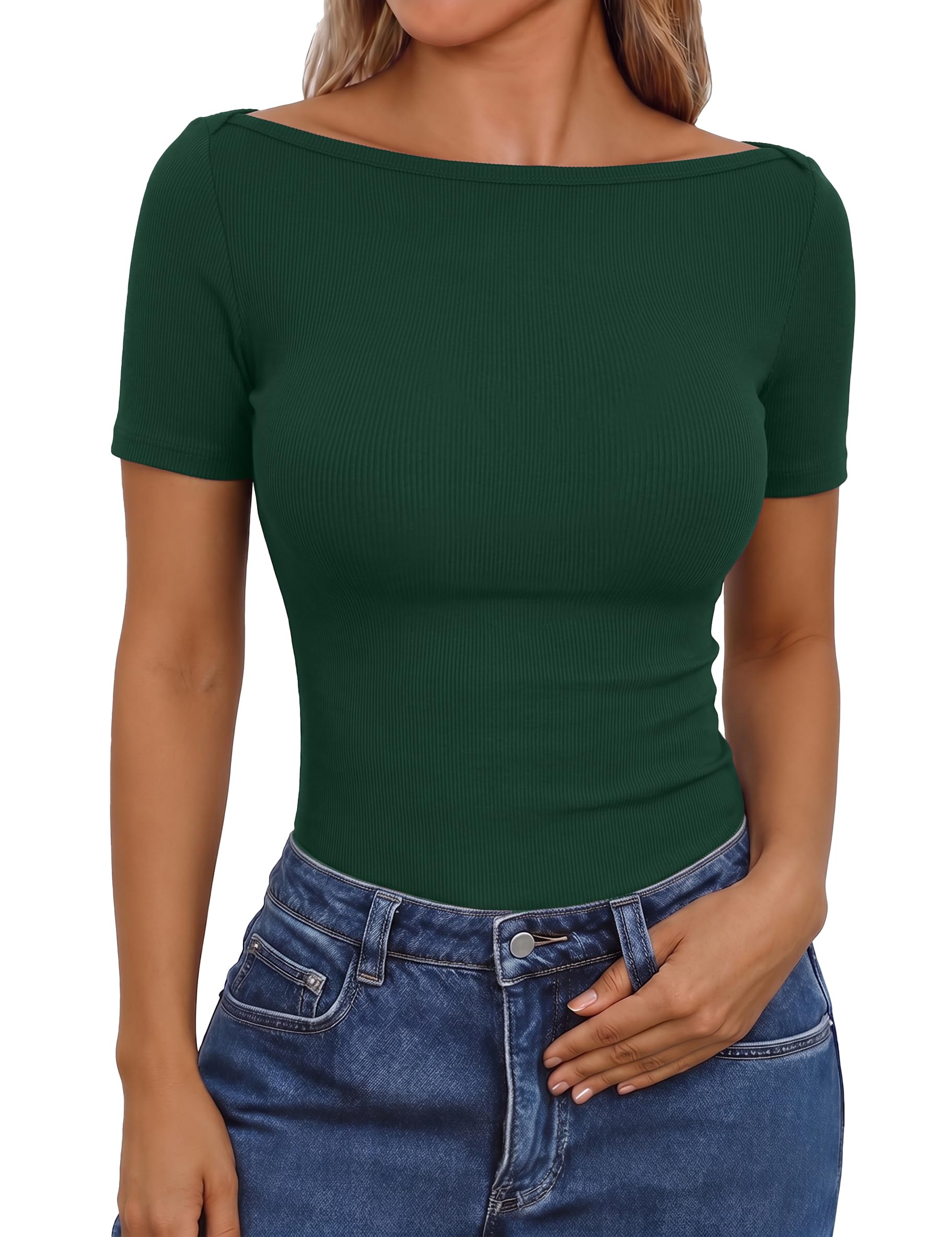 Aottori T-Shirt Damen U-Boot-Ausschnitt Kurzarm Slim Fit Sommer Gerippt | Gerippte Oberfläche; U-Boot-Ausschnitt mit kurzen Ärmeln; für Alltag, Büro, Urlaub und Freizeit geeignet; schmale Passform