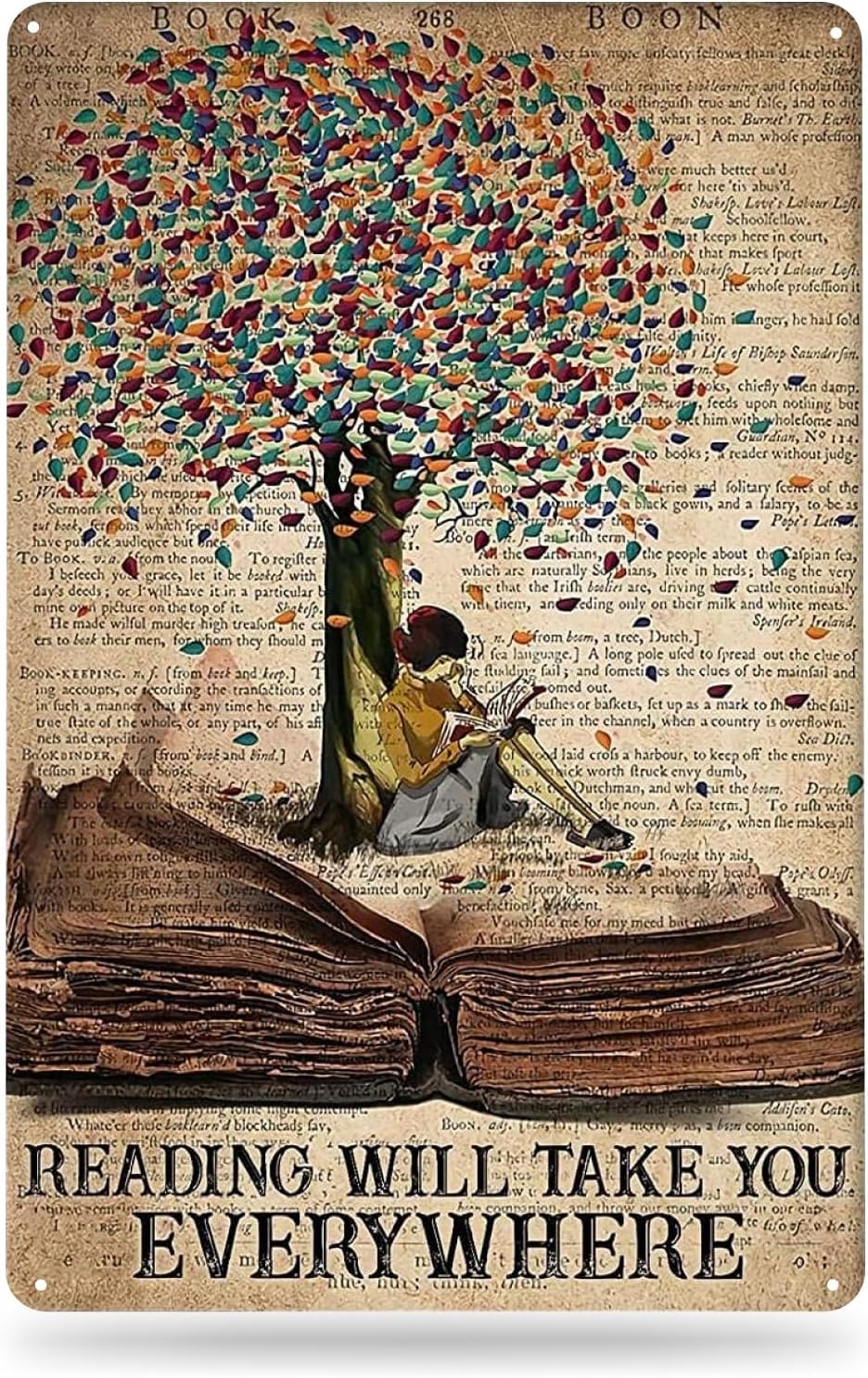 Reading Will Take You Everywhere Metal Sign - Vintage Decor Girl Reading Wall Quotes Library Wall Decor Metal Signs for Home Office - Reading Sign Book Poster for Classroom Decoration
