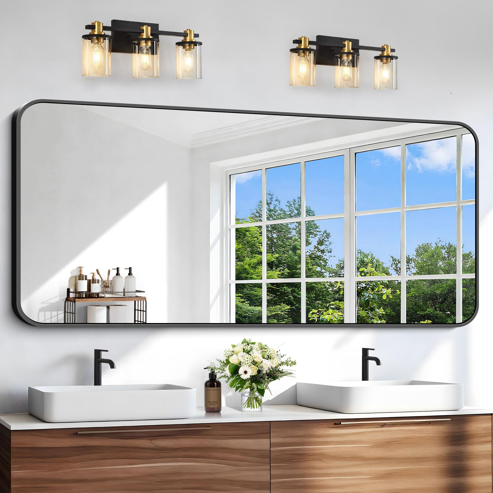 Black Bathroom Mirror, 66x30 inch Aluminum Metal Frame Rectangular Vanity Mirror, Large Wall Mounted Rectangle Mirrors with Rounded Corner for Over Sink Bedroom Living Room Horizontal/Vertical