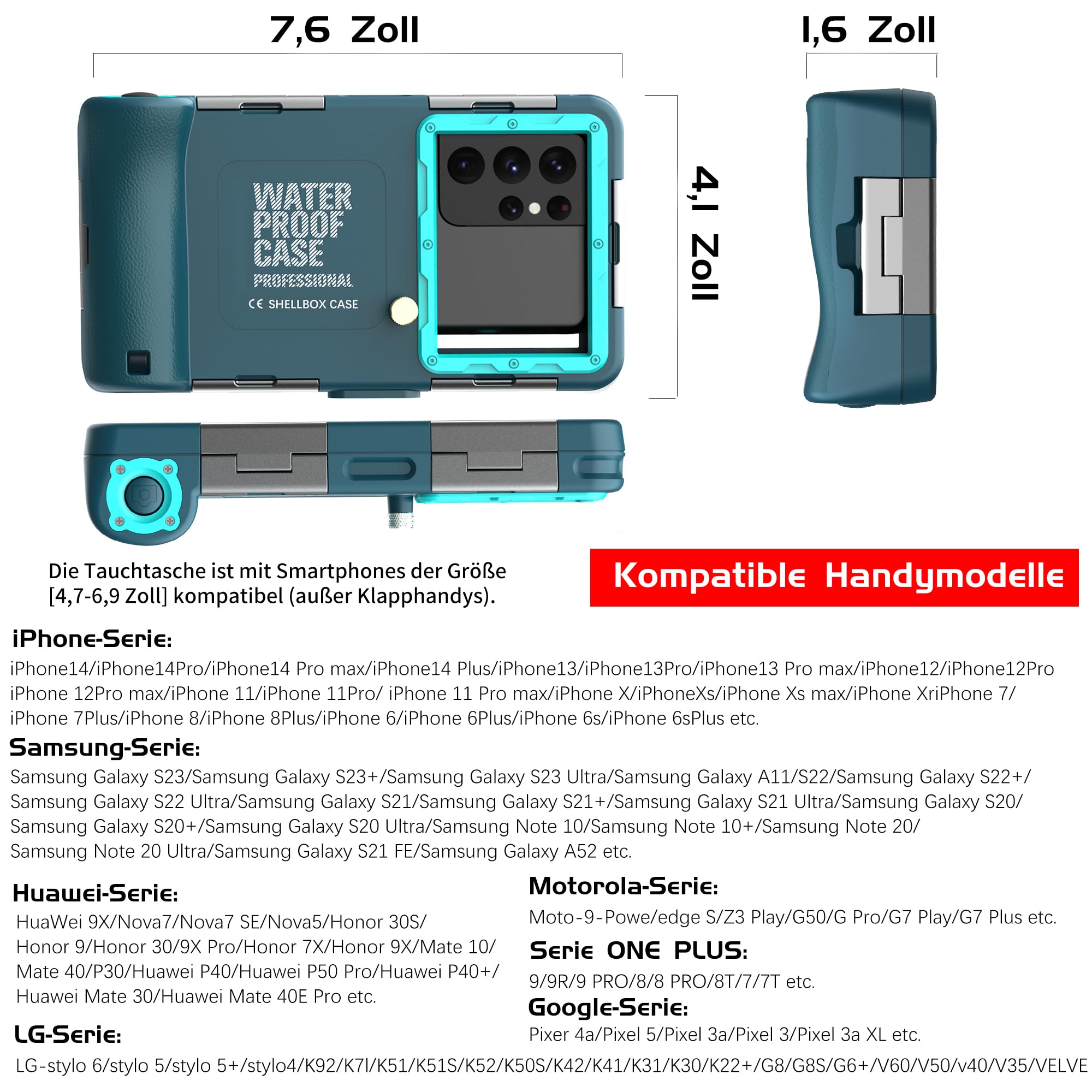 Universelle Unterwasser-Handy-Schutzhülle [50 Fuß/15 m] zum Schnorcheln, Tauchen, Schwimmen, Sport, Foto, Video, Gehäuse, kompatibel mit Handys in der Größe 4,7 bis 6,9 Zoll, iPhone, Samsung usw