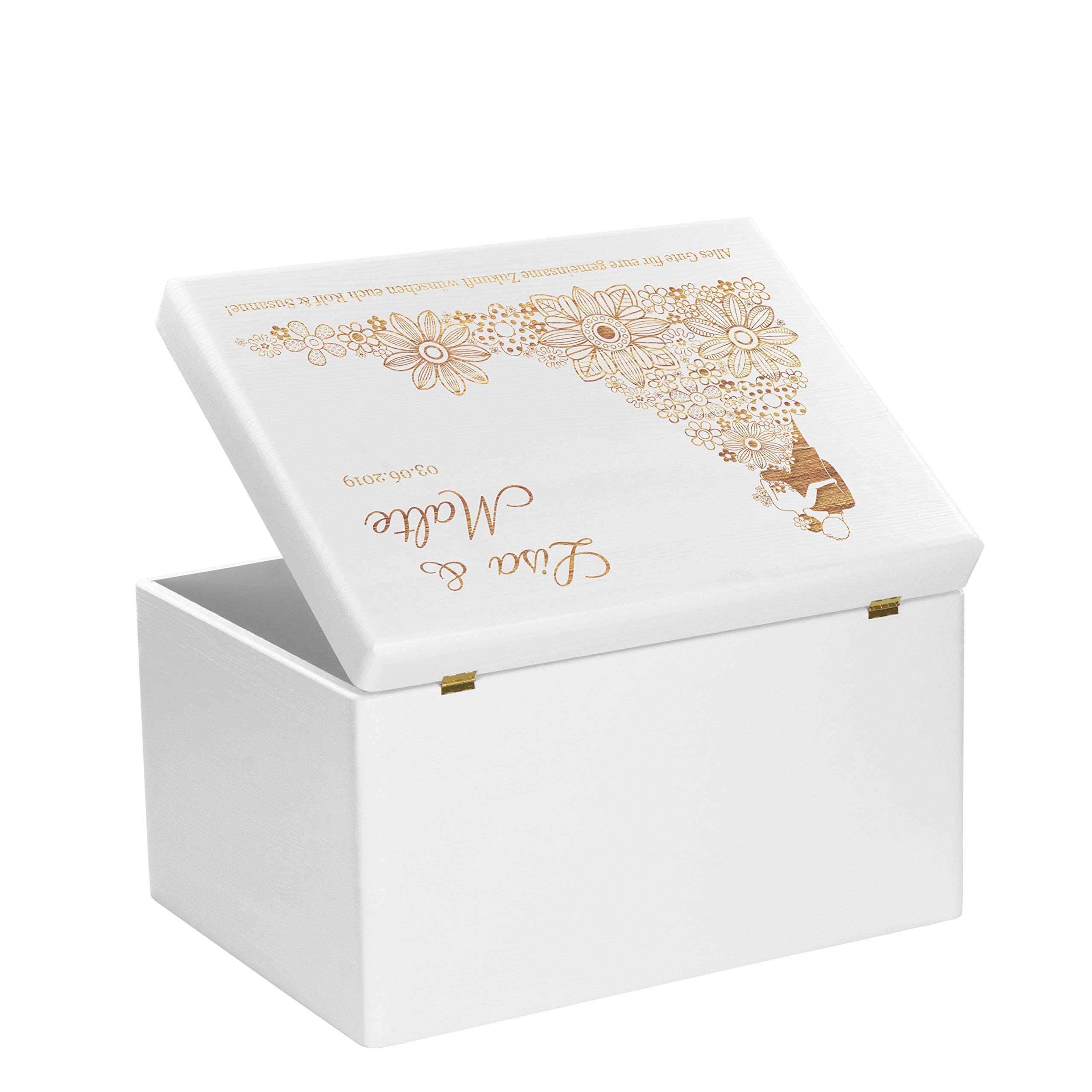 LAUBLUST Holzkiste zur Hochzeit - Personalisierte Hochzeitskiste Erinnerung - Blumenkleid | Geschenkkiste Personalisiert mit Gravur - FSC® (Weiß ohne Verschluss, ca. 40 x 30 x 24 cm | XL)