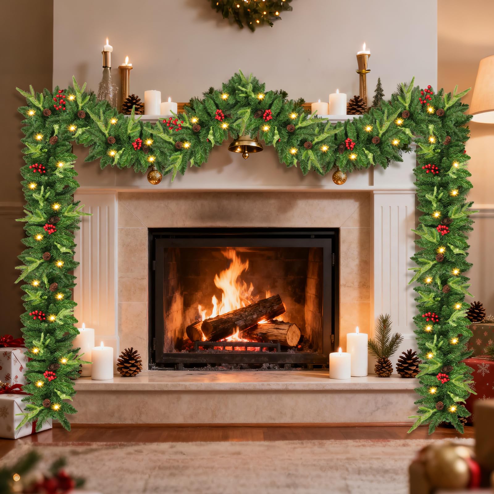 Guirlande de Noël 2,7 M, Rintea Guirlande Sapin Artificiel avec Lumières 30 LED, Étanche Couronne de Noel, Decoration de Noël pour Jardin Mur Cheminée Escalier Sapin de Noel