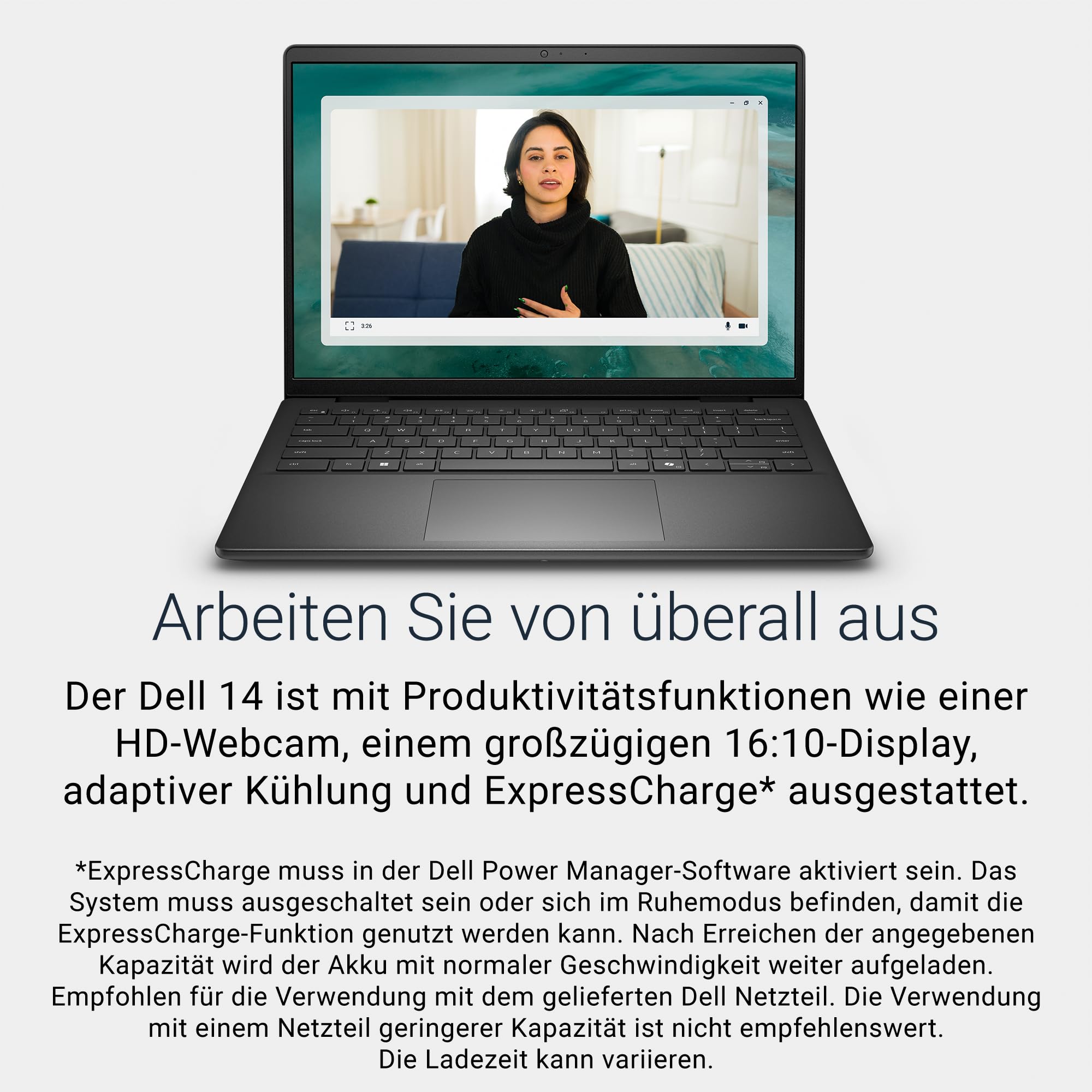 Dell 14 Laptop DC14255 Copilot+ PC 14" 2K AMD Ryzen 5 220 16GB RAM 512GB SSD AMD Radeon Grafik QWERTZ Tastatur Windows 11 Home Wi-Fi 6 Carbon Black
