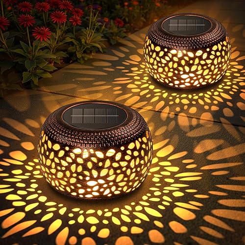 Solar Lanterns Outdoor Waterproof: 2 Pack Hollow Out Retro Metal Lantern Lights - Solar Lantern Decorative - Gardening Gifts for Women Mother's Day, Outside Garden Yard Patio & Indoor Tabletop Decor