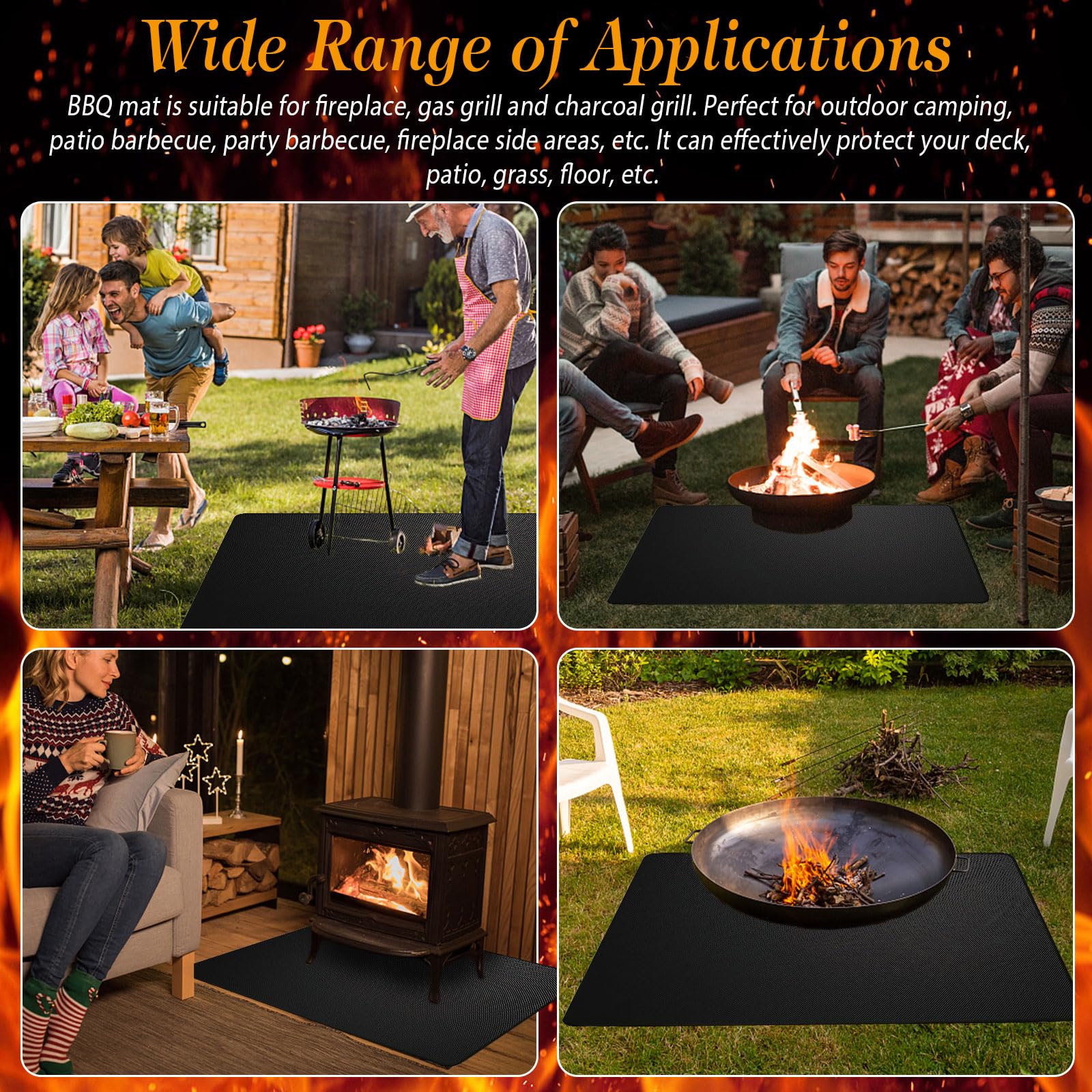 Alfombrilla para barbacoa 100 * 150cm, 3 Capas Alfombrilla de Protección para el Suelo, Rectángulo Estera de Barbacoa Ignífuga Resistente al Calor para Debajo del Hoguero,Patio,Parrilla al Aire Libre