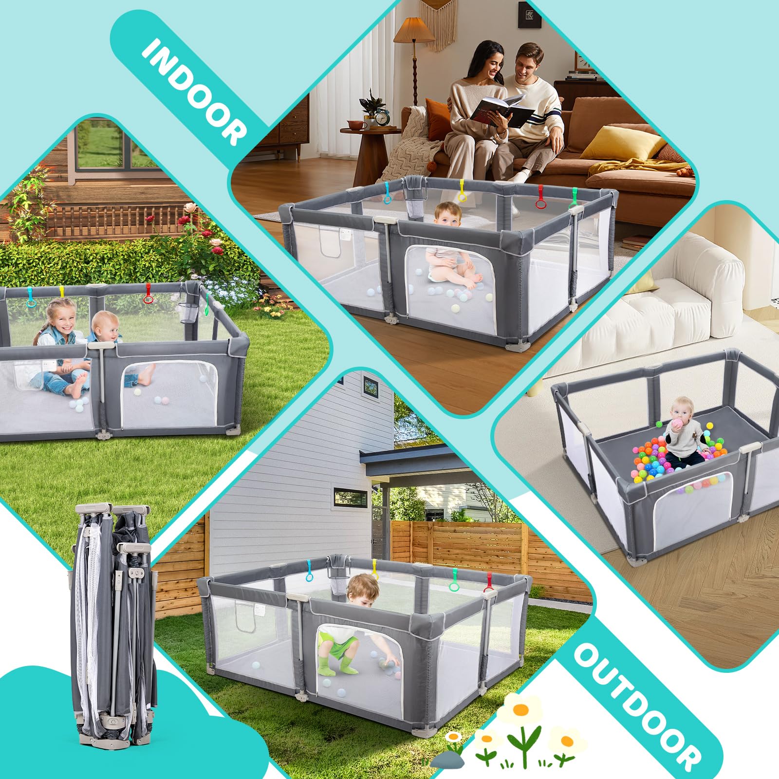 CHOLY faltbarer Baby-Laufstall mit Matte, Laufstall für Babys Kleinkinder | tragbarer Spielplatz mit Ozeanbällen, schnell aufbaubarer Kinderzaun mit Reisetasche (grau, 180*150 cm)