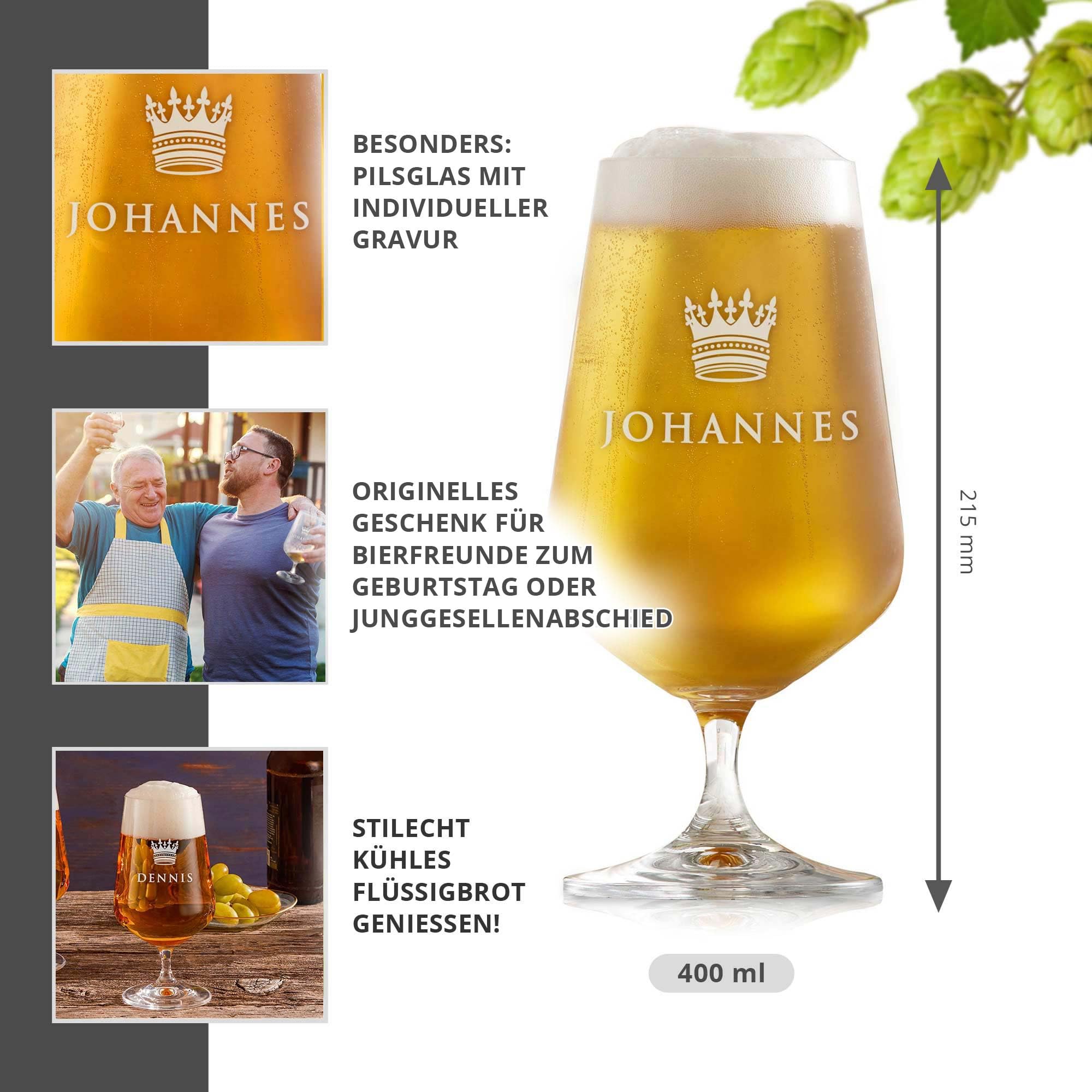 Verre à Bière Tulipe Personnalisé AMAVEL - Grande Couronne Gravée Avec Nom - Chope Originale 0,4L Cadeau Parfait
