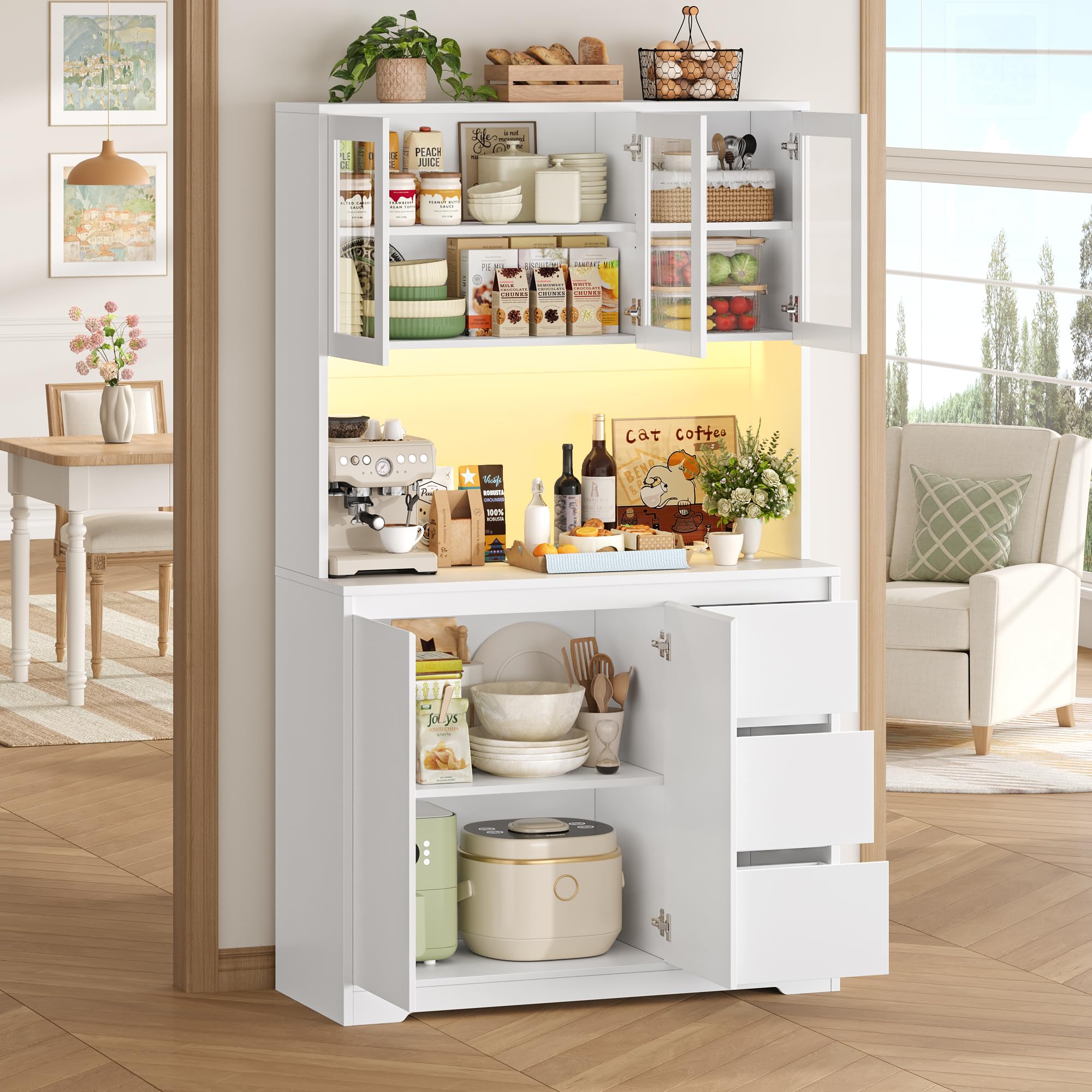 FirFurd Credenza Cucina, Credenza Alta con Luci a LED e Prese, Mobile Buffet con Cassetti e Armadi, Ripiani Regolabili, per Cucina, Soggiorno, Studio180x100x38,5cm (Bianco)