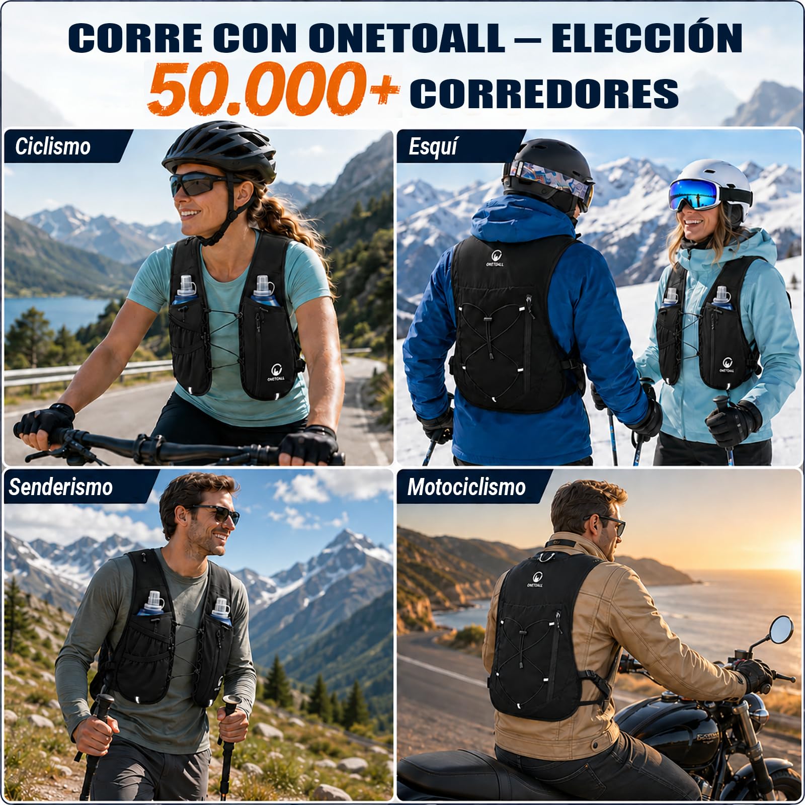 Chaleco Running Hombre Mujer con 2× Soft Flask 500ml y Luz LED Recargable, Chaleco Hidratacion Trail Running, Running Vest Ultraligero, Mochila Hidratacion para Correr Senderismo Montaña Bici