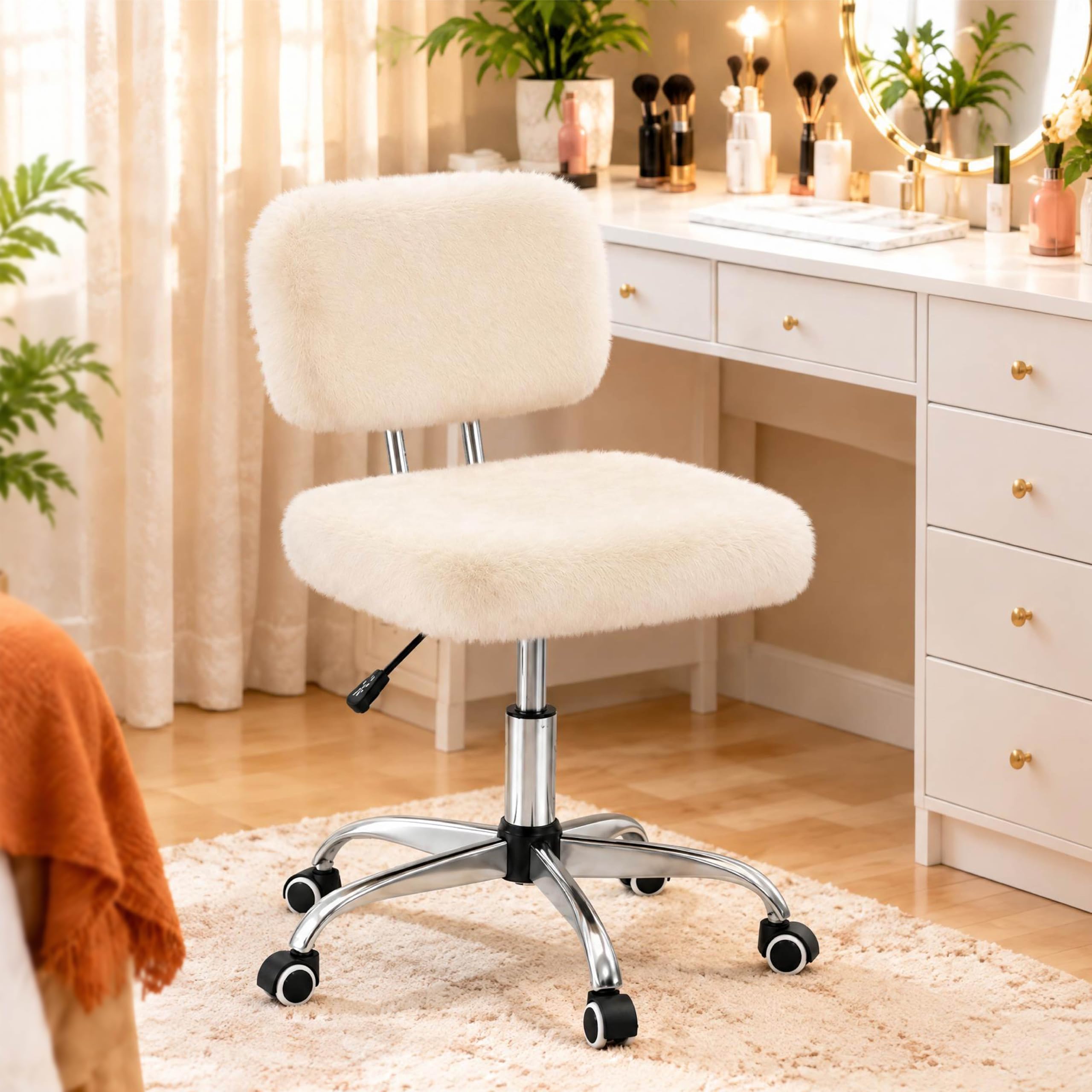 Vanity Chair with Wheels, Small Faux Fur Makeup Chair with Back Support for Bedroom & Dressing Room, Adjustable Swivel Rolling Chair, Armless, 10-Min Assembly, White