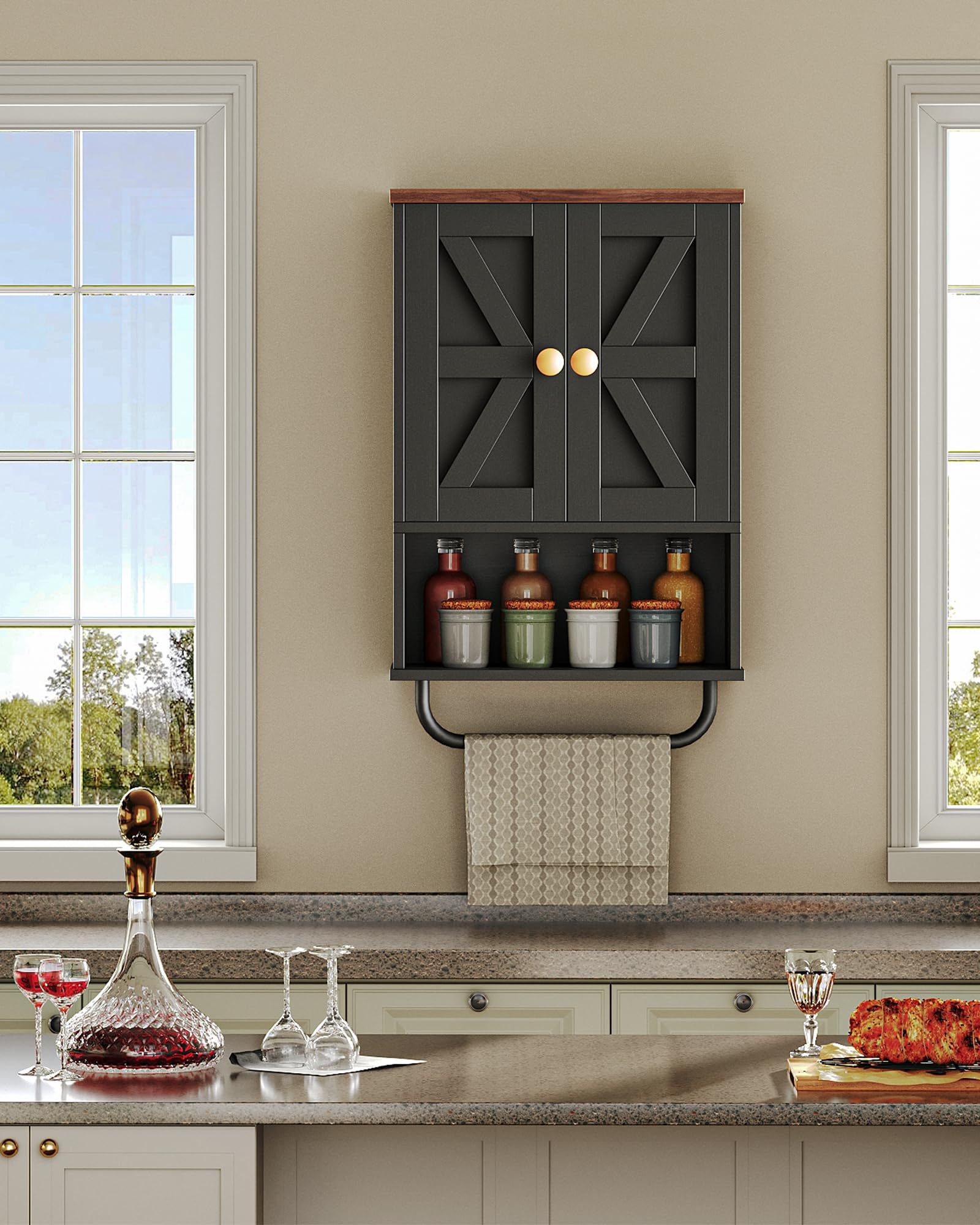 CHOEZON Mueble de Baño Colgante de 2 Puertas, Armario de Pared con Compartimento Abierto y Toallero, Botiquín, Estilo Granero, para Dormitorio, Sala de Estar, Cocina, Negro y Nogal Marrón