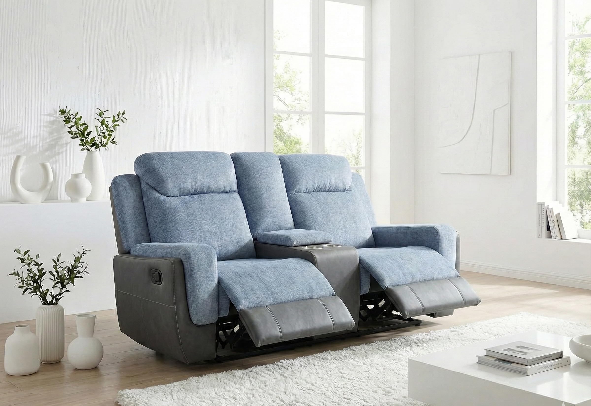 Generico Divano 2 Posti Reclinabile in Tessuto e Pelle con Consolle Centrale, Porta Bicchieri, Vano Portaoggetti, USB Charger e Presa Elettrica – Design Moderno per il Soggiorno
