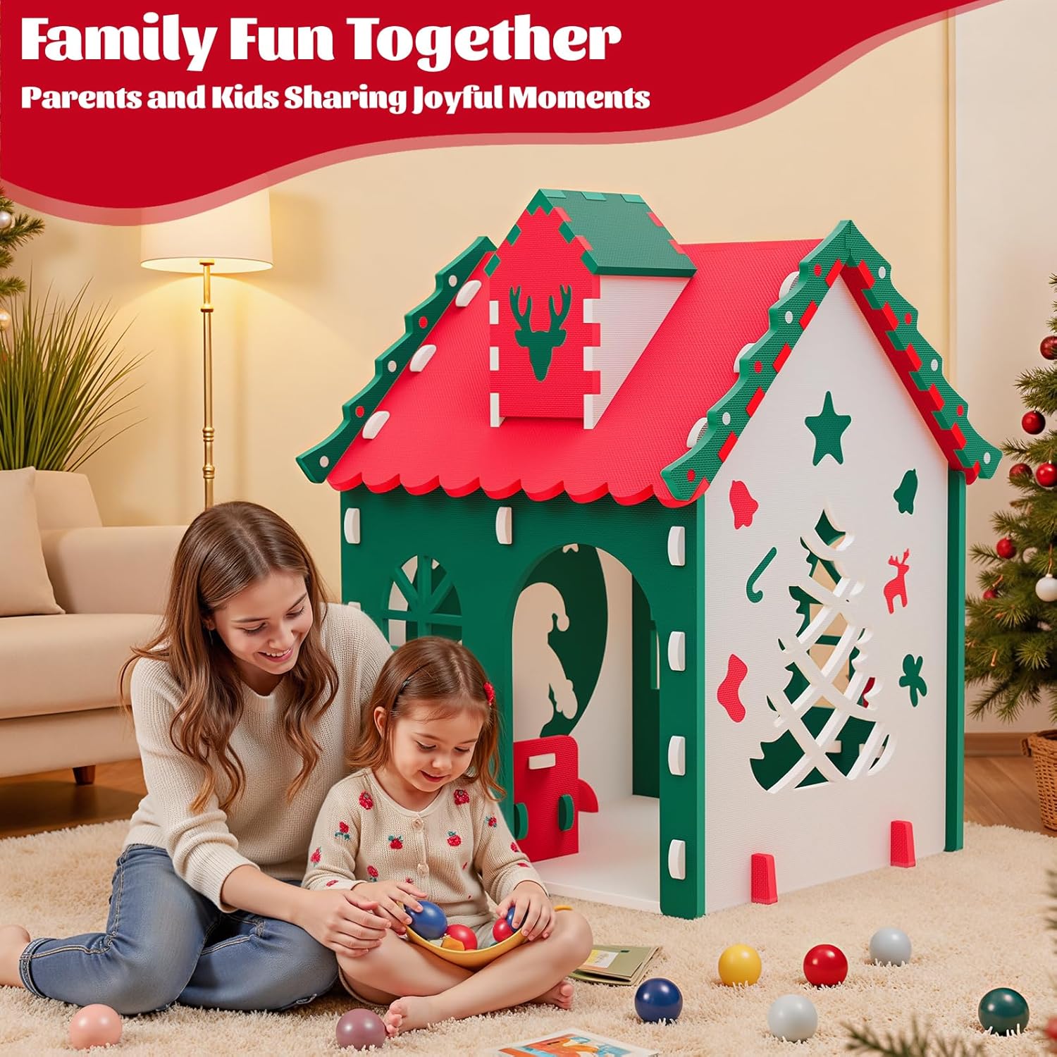 Kids Playhouse, Soft EVA Foam Indoor Play House with Red Roof, Sturdy Puzzle Play Tent for Boys & Girls Ages 3–6